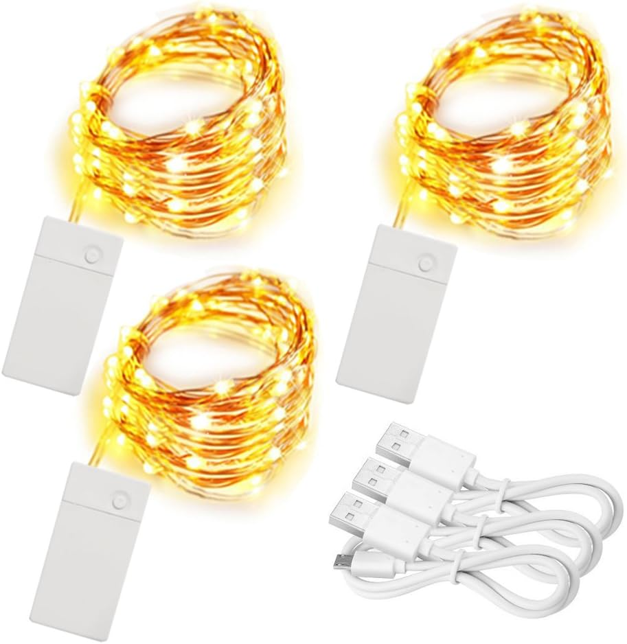 3 Pack Rechargeable 10Ft 30 LED String Fairy Lights 4 Modes Copper Wire Starry String Lighting Waterproof Micro Firefly Moon Light Warm White Battery and USB Cable Included