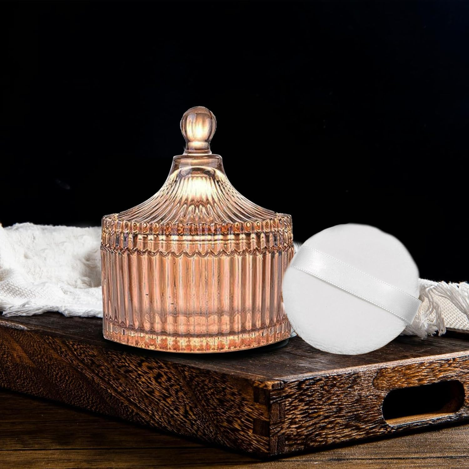 Kuskins Body Powder Puff and Container Set,Large Powder Puff Crystal Container Wet Dry Makeup Dusting Powder Puffs for Women Face & Body Washable, Reusable（Amber） image number 1