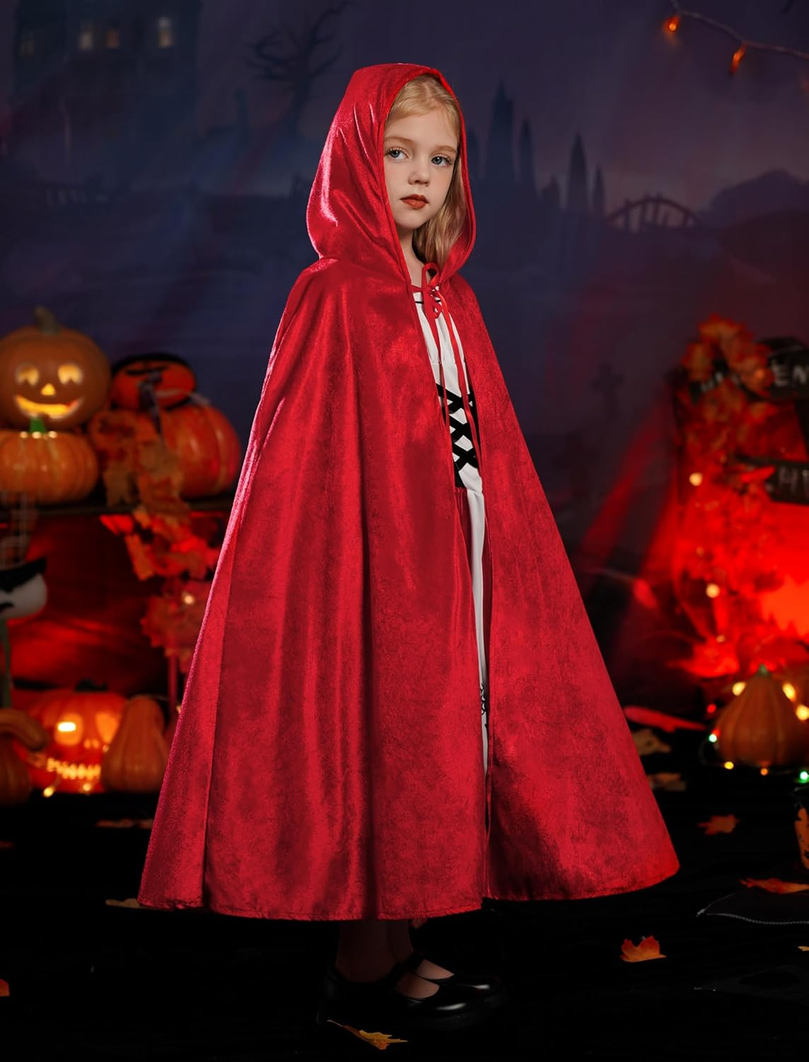 IMEKIS Little Red Riding Hood Costume for Girls Dress Velvet Cape Cloak Halloween Cosplay Kid Storybook Fairy Tale Outfits image number 6