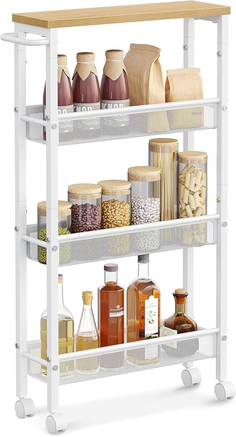 Relaxdays Niche Trolley, H X W X D: 77 X 13 X 45 Cm, Narrow Recess Shelf, Bathroom & Kitchen, 4 Levels, Metal Rolling Shelf, Natural/White image number 1