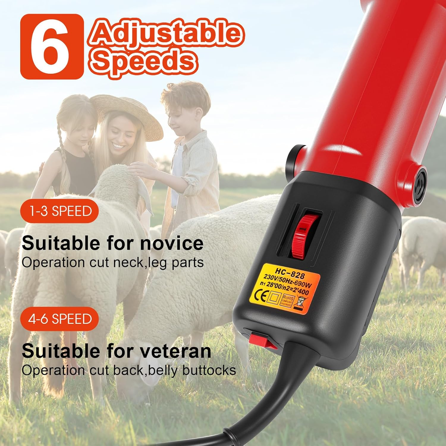 Advwin Electric Sheep Shears, 690W 2800R/Min Professional Electric Sheep Clippers, 6 Speed Heavy Duty Electric Shears, Farm Livestock Grooming Kit for Thick Coat Animals - Red image number 4