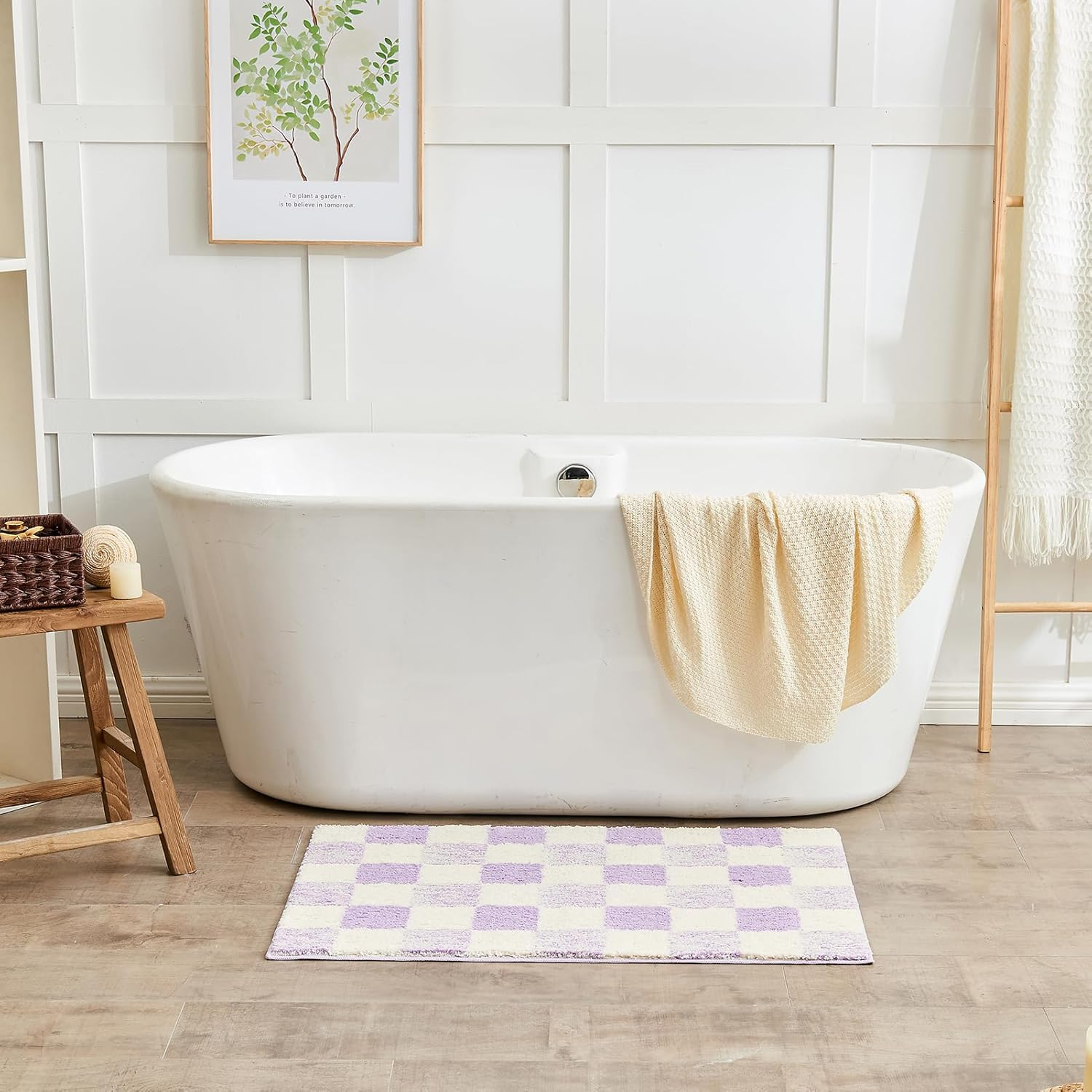 Cozecube Bath Mats for Bathroom Non Slip, Fluffy Absorbent Microfiber Bath Mat Washable, Aesthetic Bathroom Rugs, Small Purple Checkered Bath Mat, Lavender, 24" X 16" image number 2