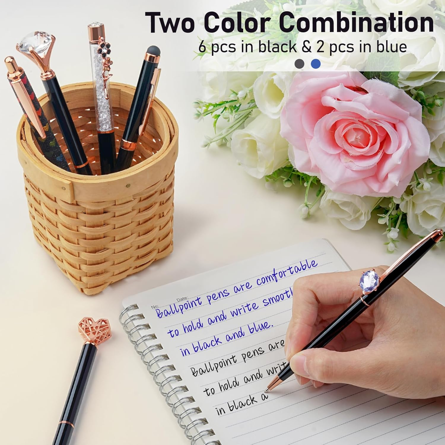 WEMATE 8Pcs Ballpoint Pens Set Metal Crystal Diamond Pen Glitter for Journaling Black Pen Bling in Black & Blue Ink Pretty Cute Pens Fancy Pens Gifts for Women Wedding School Office Desk(Black) image number 2