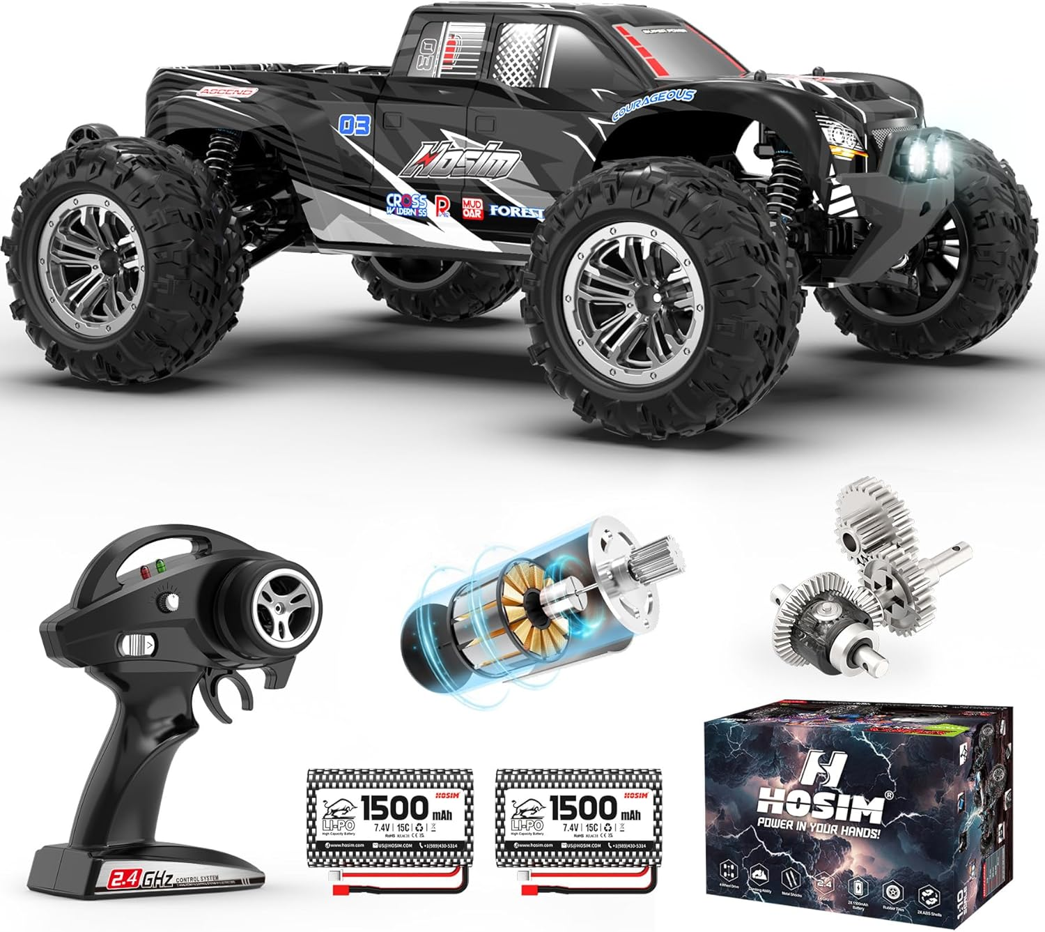 Hosim RC Cars, 1:10 Scale 48+ KMH Remote Control Car for Adults Boys, 4X4 Off-Road RC Truck with Headlights, All Terrains Waterproof Hobby Grade Large Fast Racing Toy Gift Monster Trucks