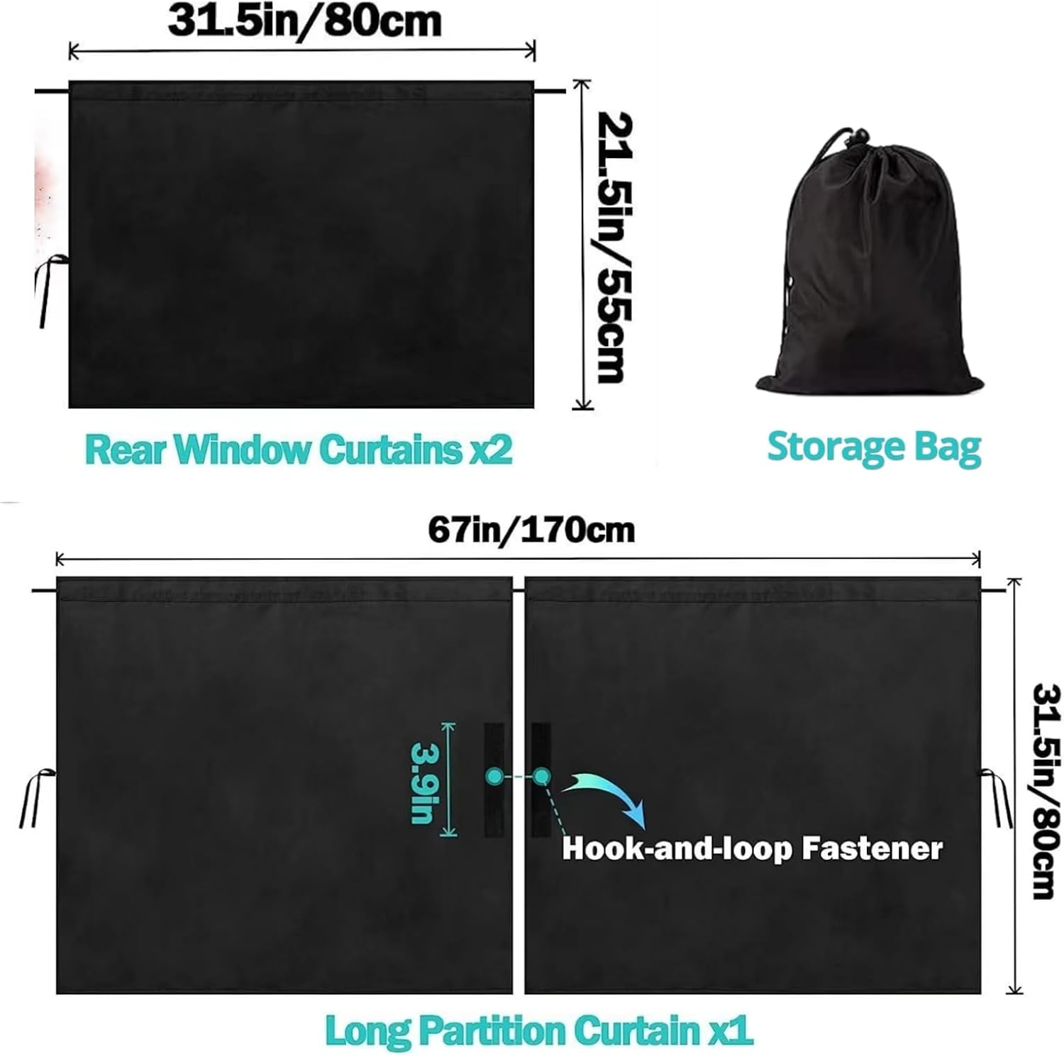 Car Curtains 3-Piece Set - 95% Light Blocking Fabric Rear Seat & Side Windows Divider Curtain Baby Shades, Wide Sedan SUV Sunshade Screen Covers for Travel Camping Nap Sleeping image number 5