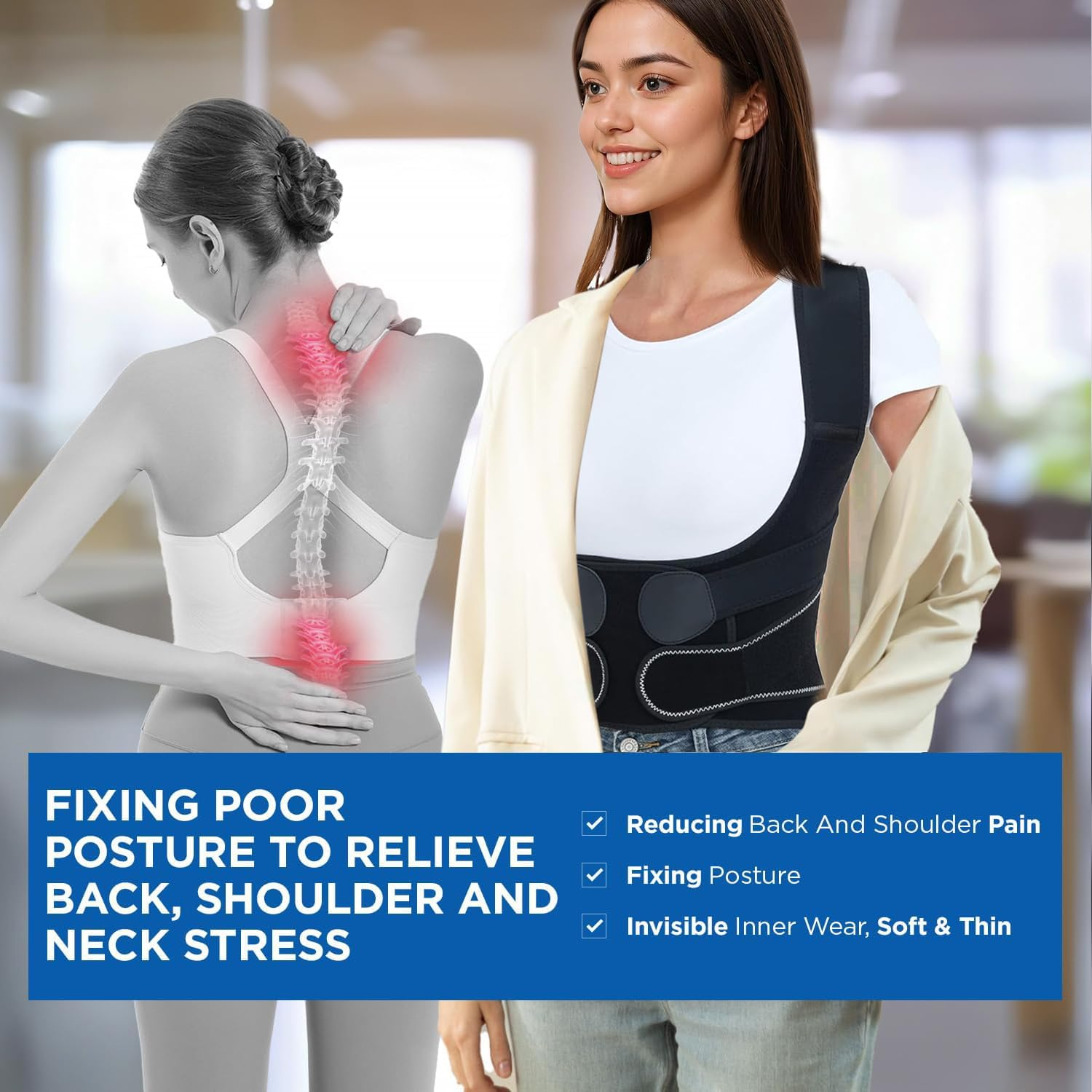 Back Support Posture Corrector for Women Men, Shoulder Supports & Immobilizers Scoliosis and Hunchback Adjustable Belt Back Brace for Lower Back Pain Posture Trainer - Black (XL)