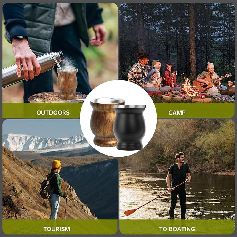 Mate Cup,Yerba Mate Gourd Cup Set, Stainless Steel Double Wall Tea Cup Set Traditional Mate Cup Includes 2 Bombillas Yerba Mate Straws (Black) image number 1