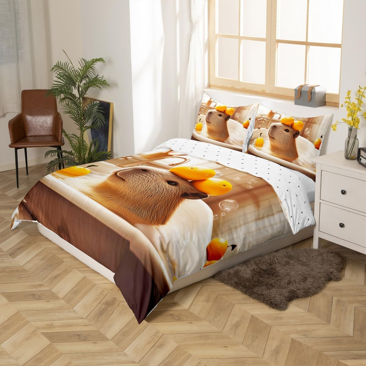 Homewish Capybara Duvet Cover 135 X 200 Cm, Cute Animal Bedding Set, Beautiful Pet Capybara Comforter Cover for Children, Boys, Girls, Children, Soft Microfibre Bed Set with 1 Pillowcase - Brown image number 5
