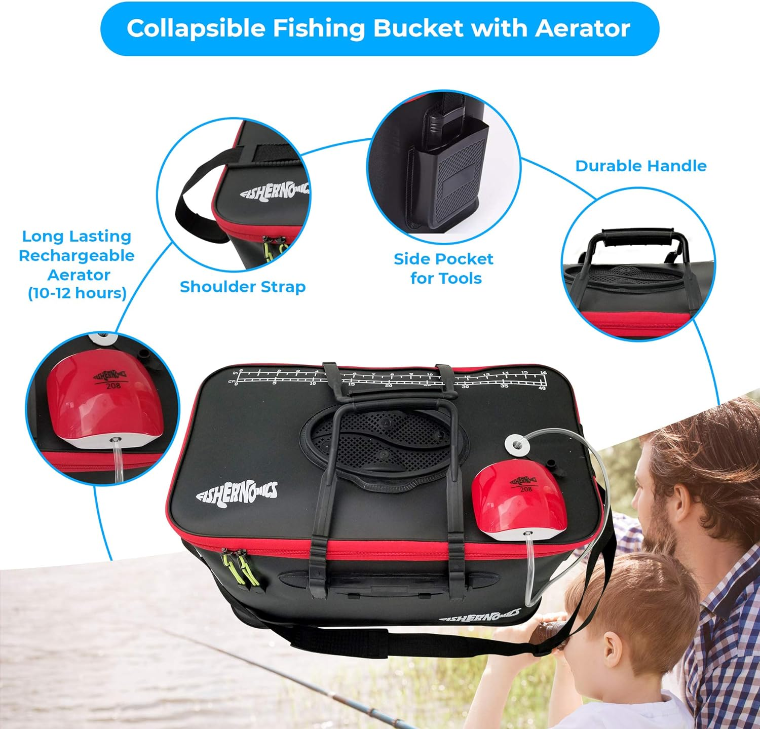 Fishernomics Collapsible Fishing Bucket with Air Pump - Live Bait Bucket with Aerator (6 Gallon/10 Gallon) - Leak Proof with Side Pocket & Shoulder Strap | Highly Durable & Sturdy image number 4