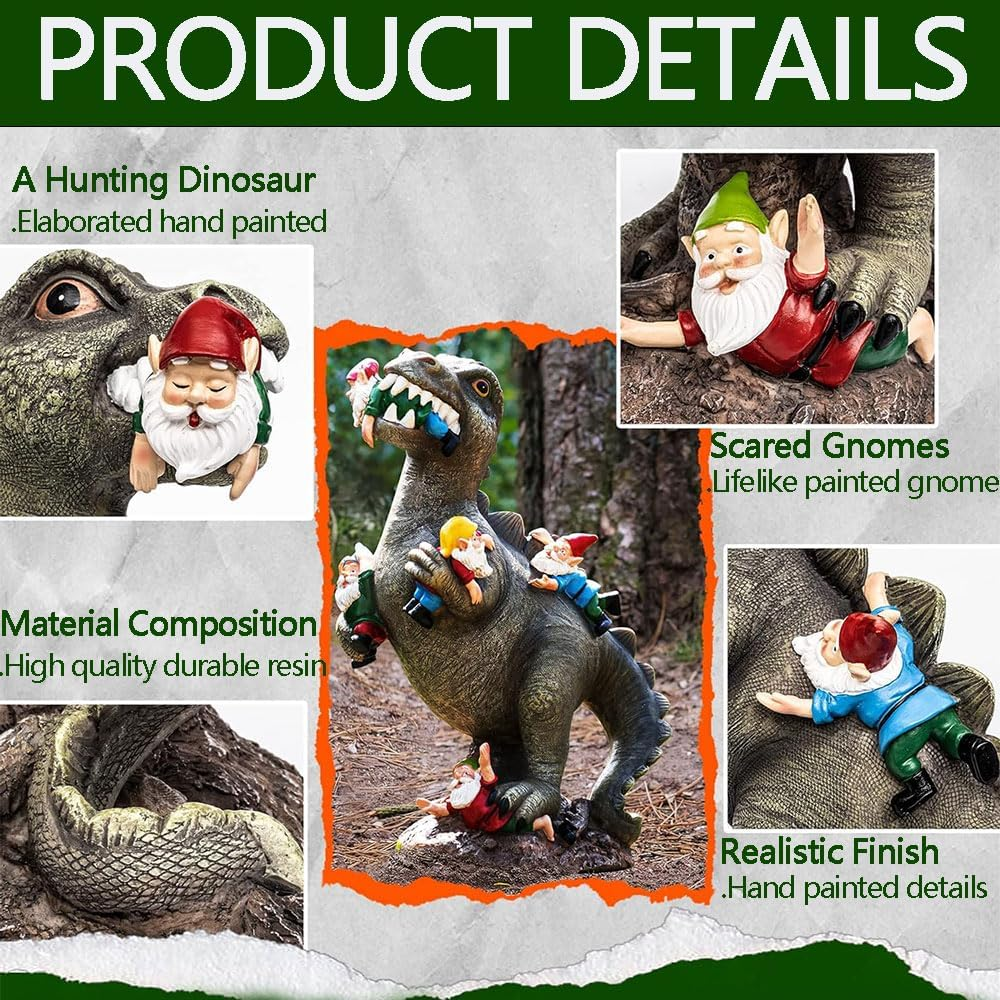 Funny Dinosaur Eating Gnomes Garden Statue &ndash; Outdoor Yard Gnome Decor, Lawn Ornament & Idea image number 1