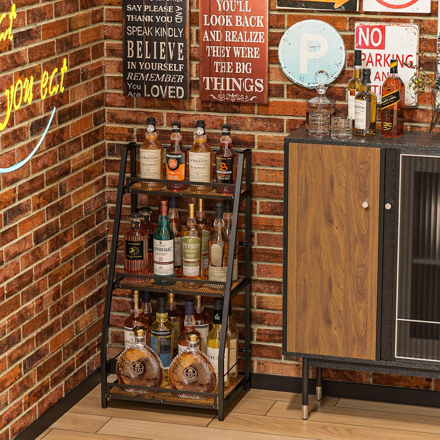 3-Tier Trapezoid Liquor Stand for Home Bar, Stepped Wine Rack Freestanding Floor for Liquor Whiskey Wine, Versatile Corner Wine Bottle Display Stand with Fences, Vintage Brown（Patent Pending） image number 6