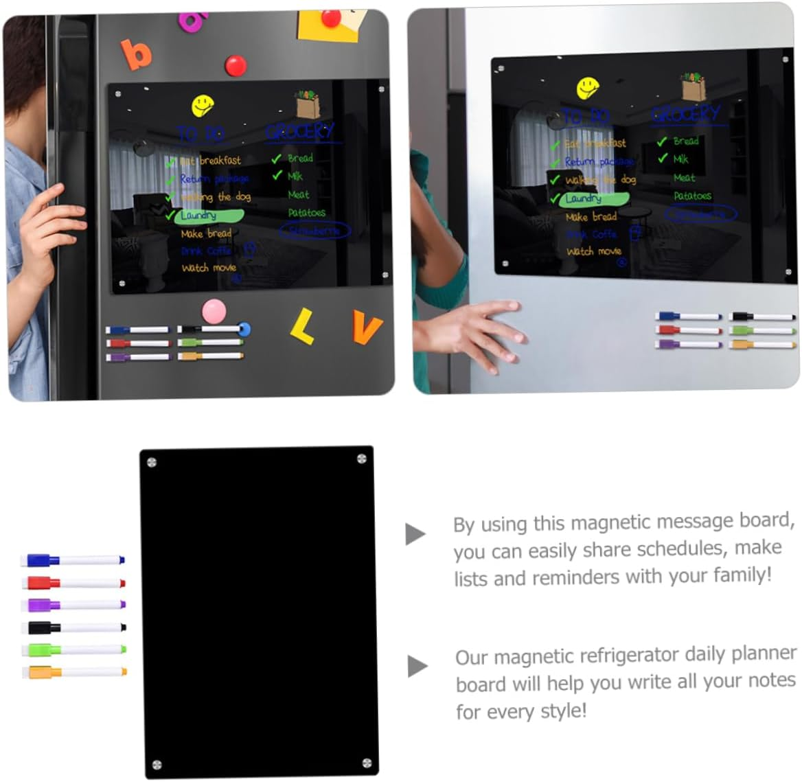 Operitacx Magnetic to Do List Board for Fridge Small A4 Black Acrylic Erasable Schedule Message Planning Board 6 Whiteboard Markers Refrigerator Organizer image number 1