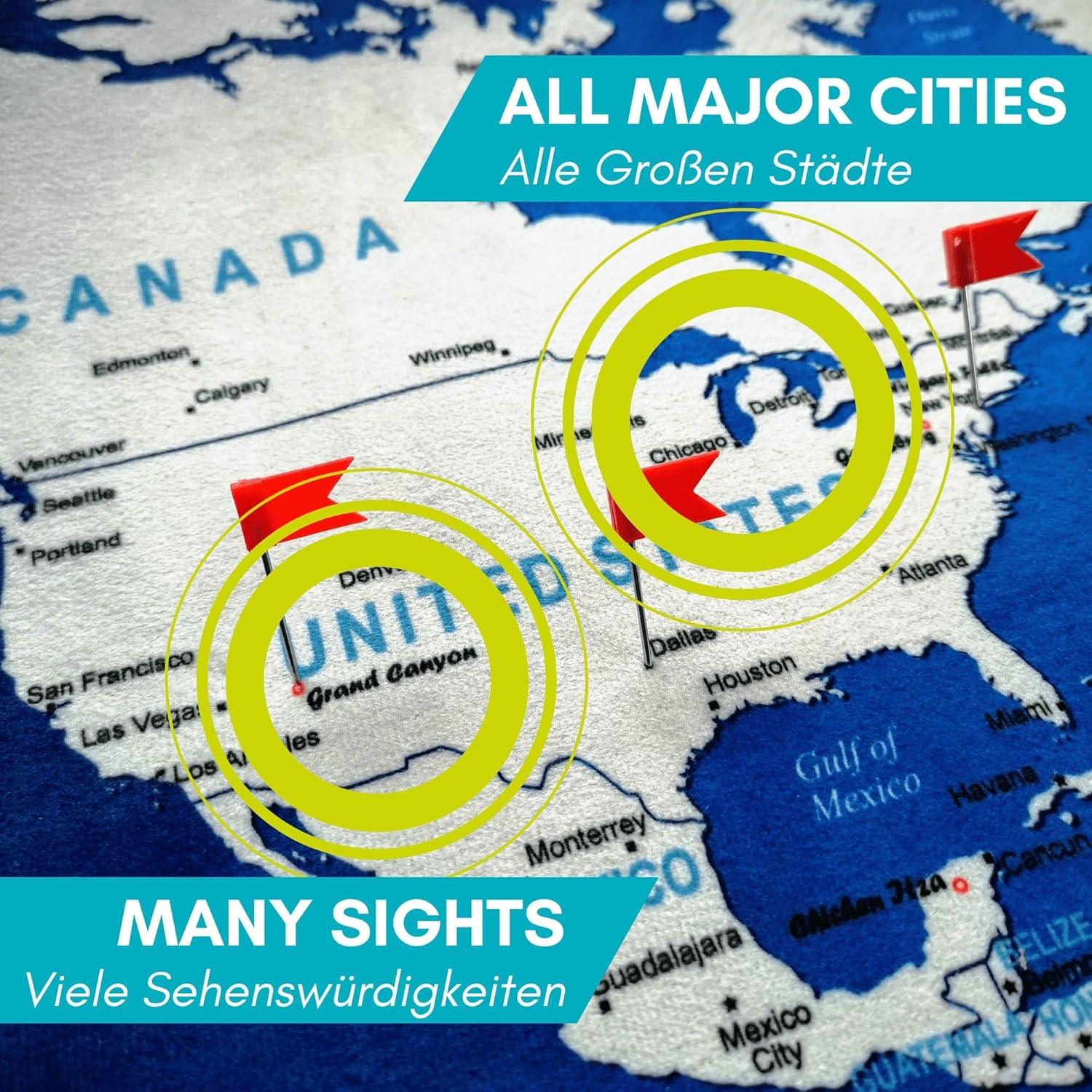 World Map XXL 51 X 28 Inches, Travel Pin Board with Fleece Surface in Modern Wall Art Design, 20 Flag Push Pins Included image number 4