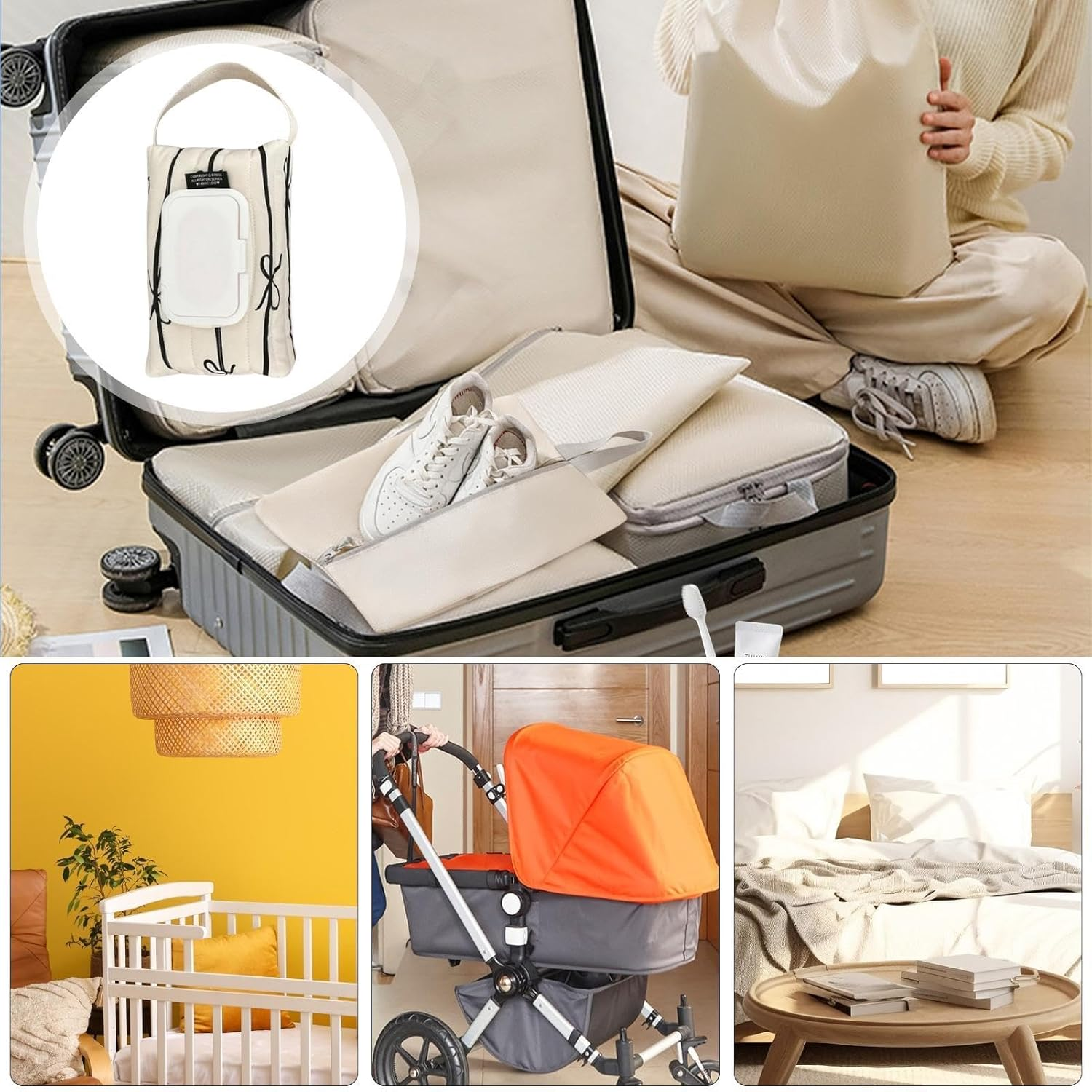 Wet Wipes Dispenser - Wipe Container Dispenser Storage Bag - Cotton Bag Baby Wipes Container, Refillable Baby Wipe Case, Bow Stripes Travel Wet Wipe Pouch image number 5