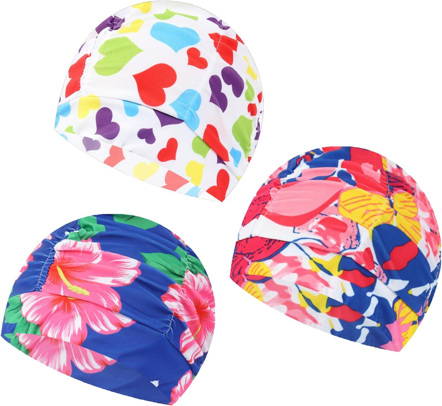 3PCS Floral Printed Summer Swimming Cap Long Hair Swim Hat Pleated Style Swim Cap for Women Grils Beach Surfing