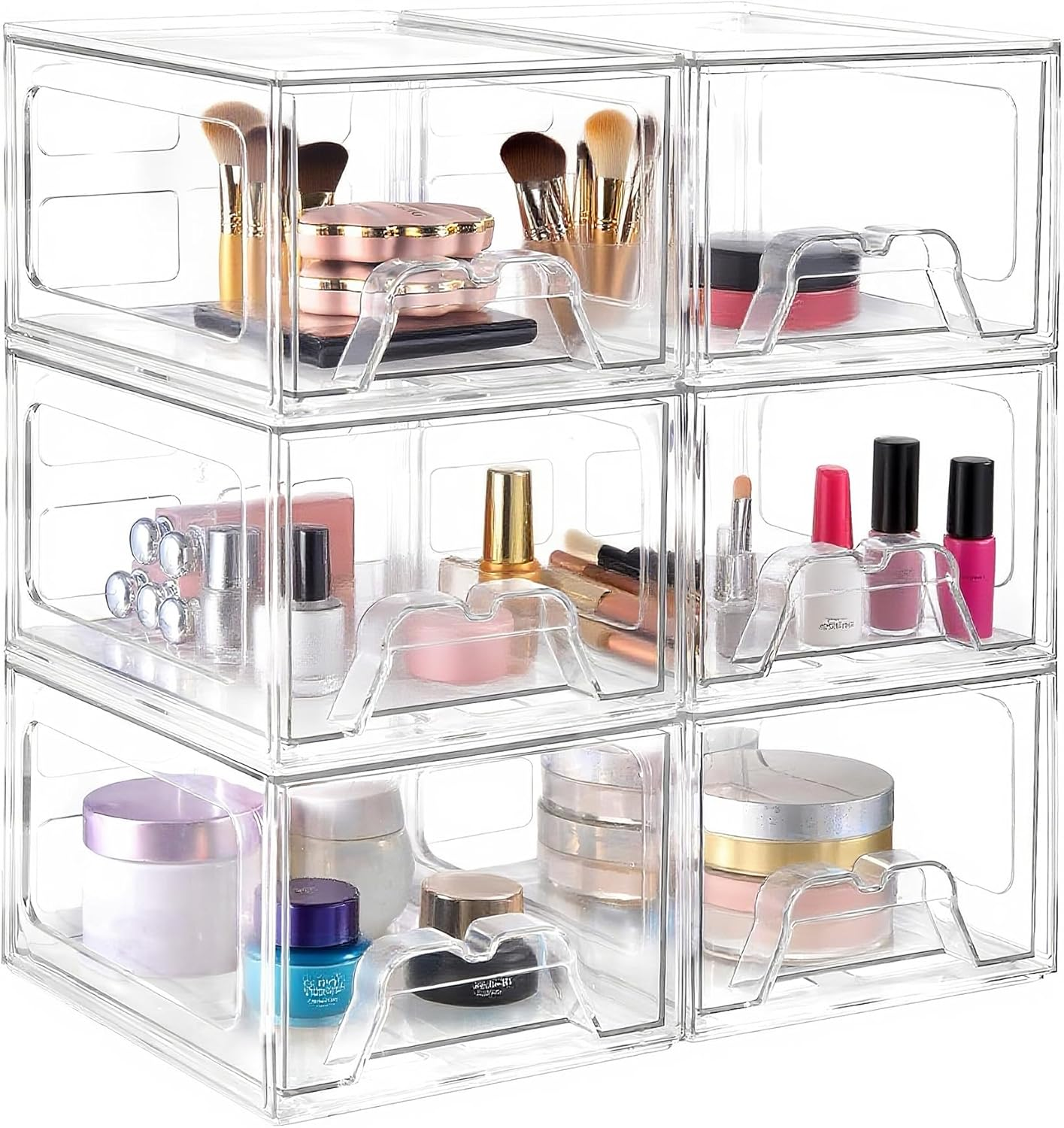 6 Pack Clear Stackable Storage Drawers, 11Cm Tall Acrylic Makeup Organiser, Small Plastic Storage Bins for Vanity, Pantry, Desk, Undersink, Kitchen Cabinets, Bathroom image number 1