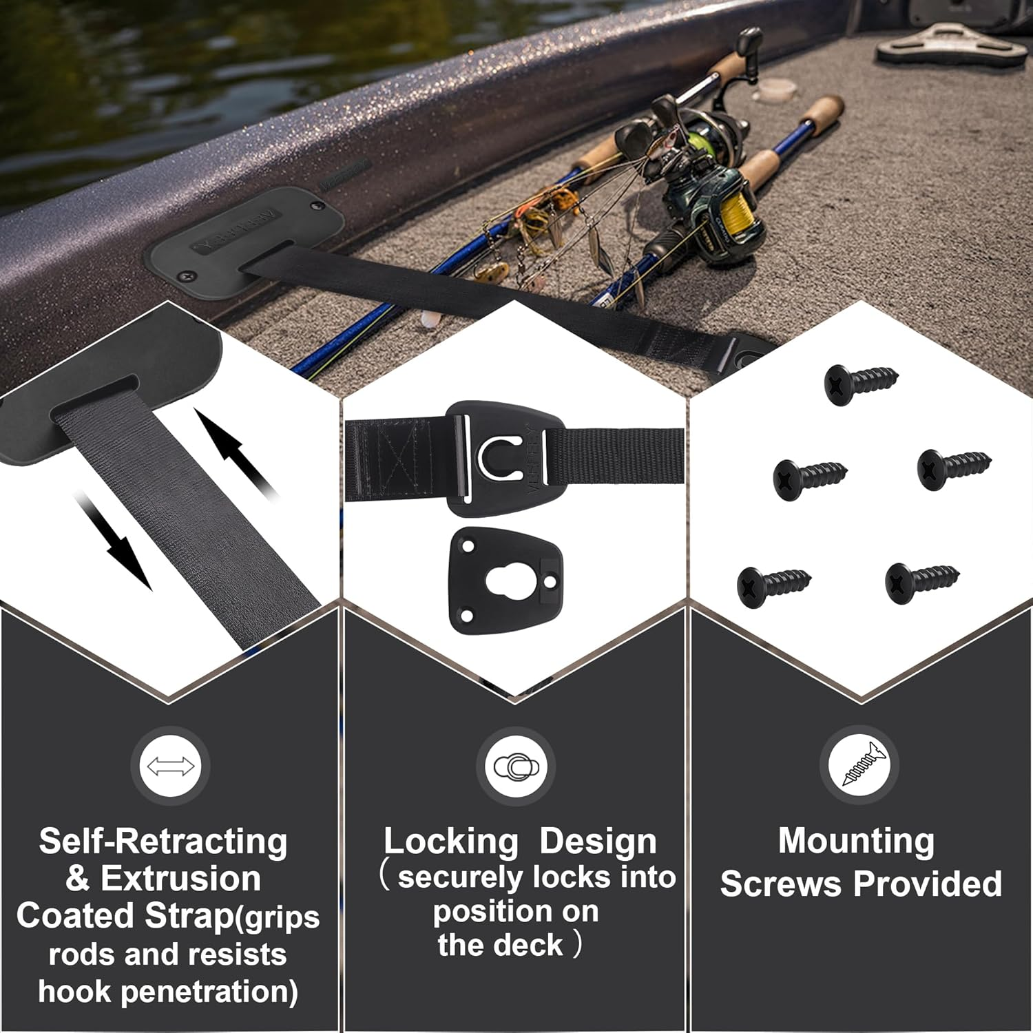 Rod Strap, Fishing Rods Hold down Strap, Gunwale/Deck Mount Retractable Rod Tie-Down F14200, Self-Retracting Rod Strap image number 1