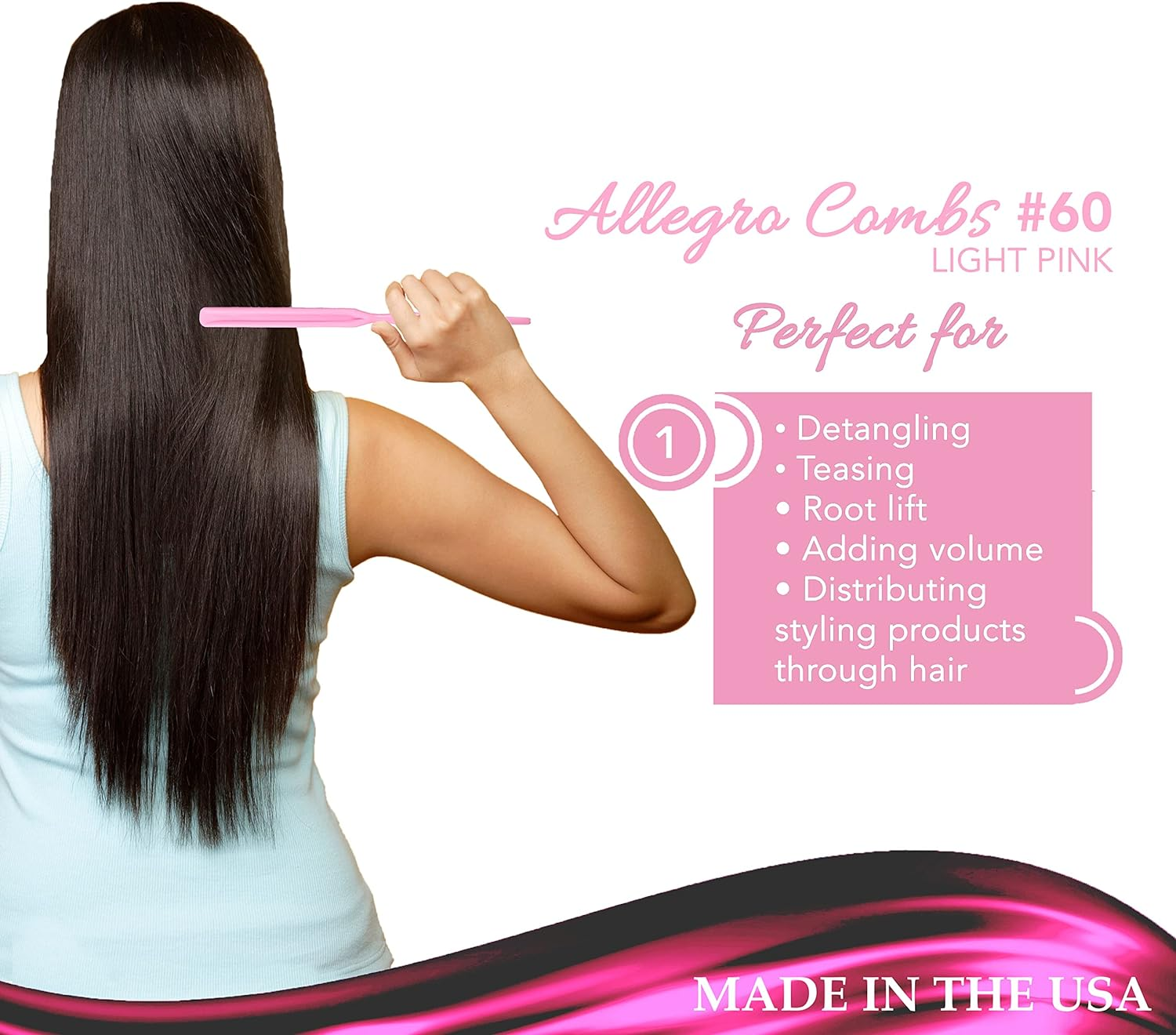 Allegro Combs 60 Parting Three Row Combs Salon Hairstylist Hairdresser Detangle Combs for Natural Hair and Wigs for Curly Hair Made in the Usa 2 Pcs. (Light Pink)