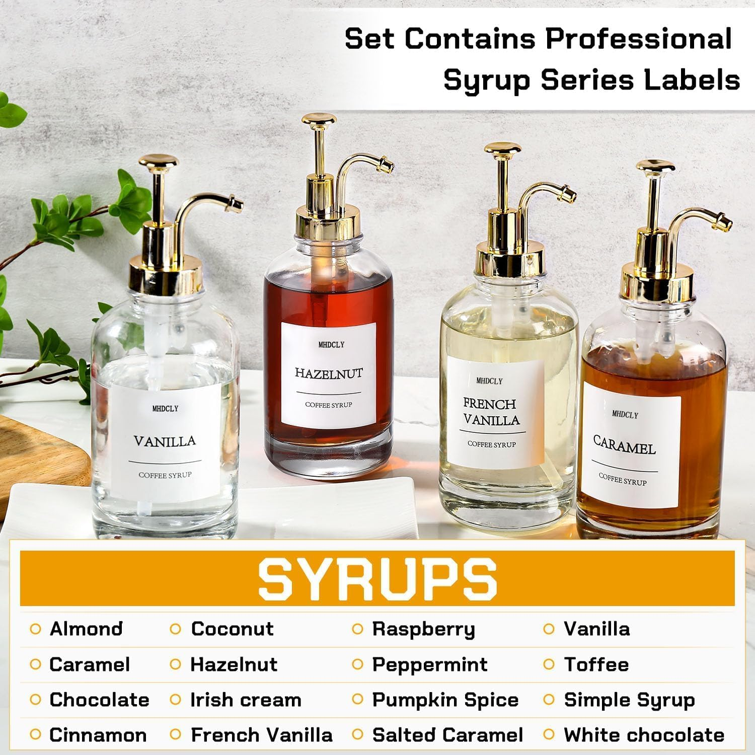 Coffee Bar Accessories,Mhdcly Coffee Syrup Dispenser - 4Pack,16.9Oz Syrup Dispenser with Labels,Syrup Pump Dispenser for Coffee Bar(Gold Pump) image number 2