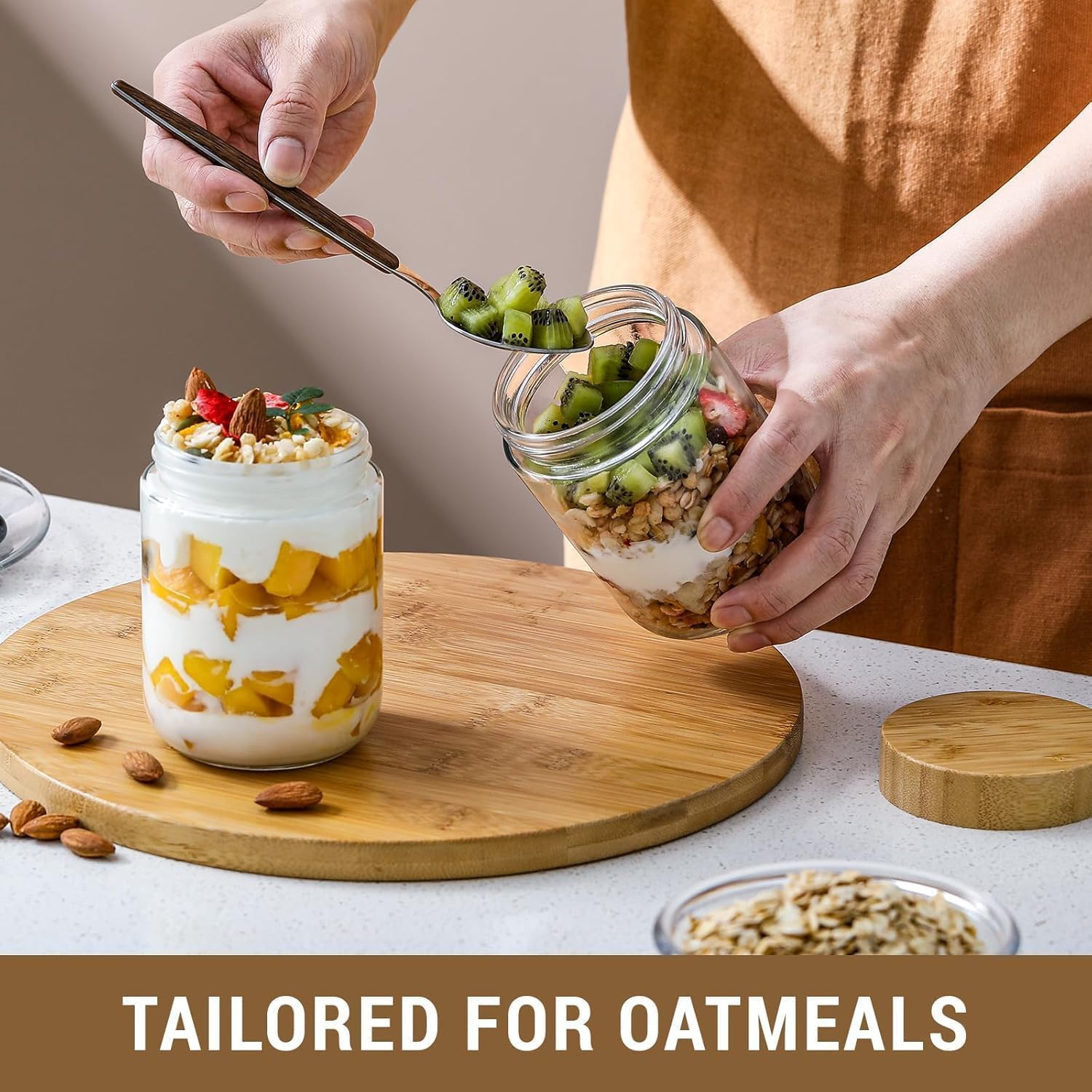 4-Pack Glass Jars with Airtight Lids, Anfower Overnight Oats Containers with Bamboo Lids, Wide Mouth Mason Salad Jars, Glass Food Storage Containers for Snacks Yogurt Spice Sugar (480Ml)