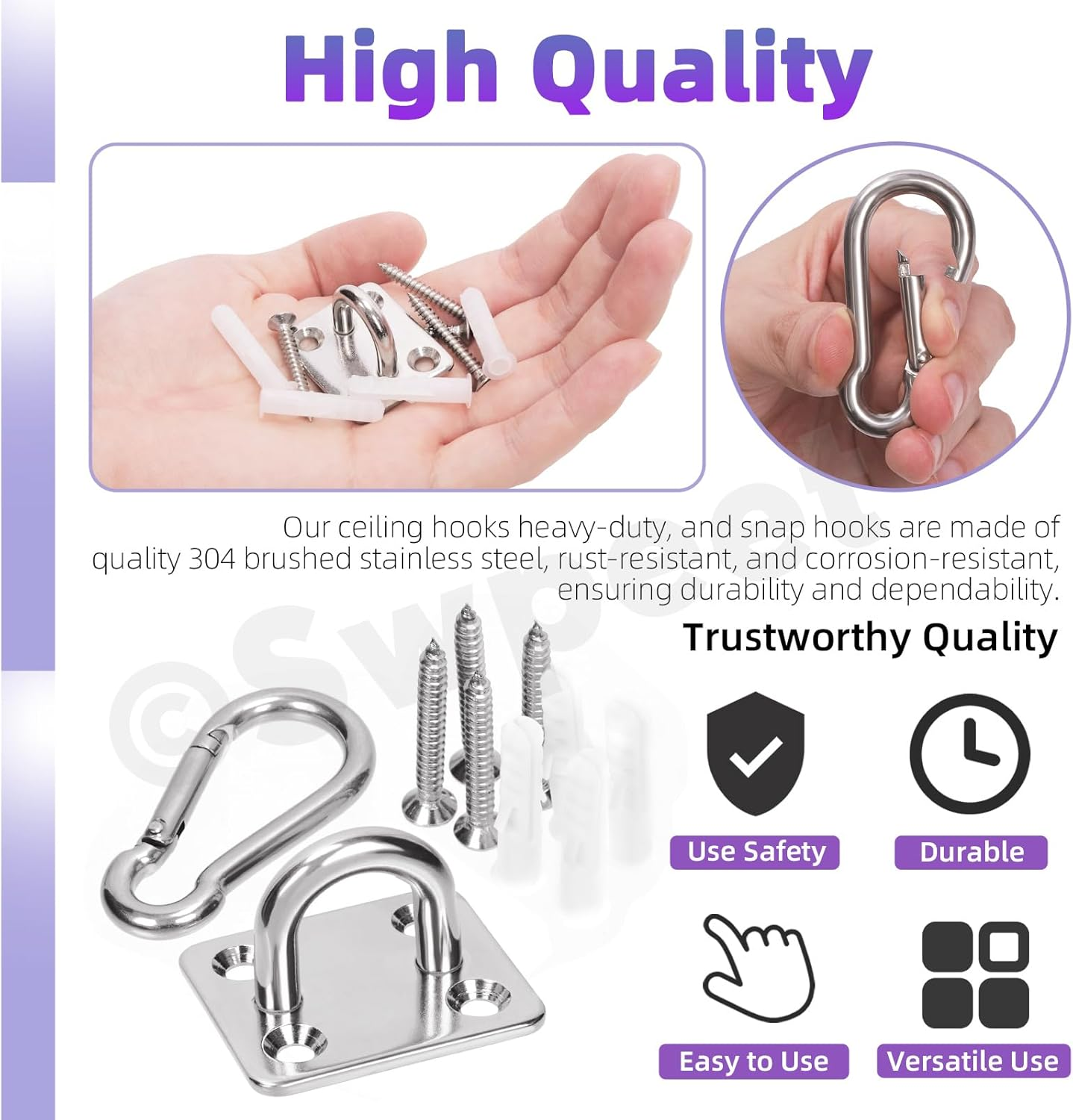 Swpeet 24 Pcs M8 Premium Heavy Duty Oval Stainless Steel Screw Hooks Kit with Pad Eye Hooks, Snap Hooks, Screws with Plastic Expansion Tube, Ceiling Hooks for Outdoor Indoor Activity image number 6