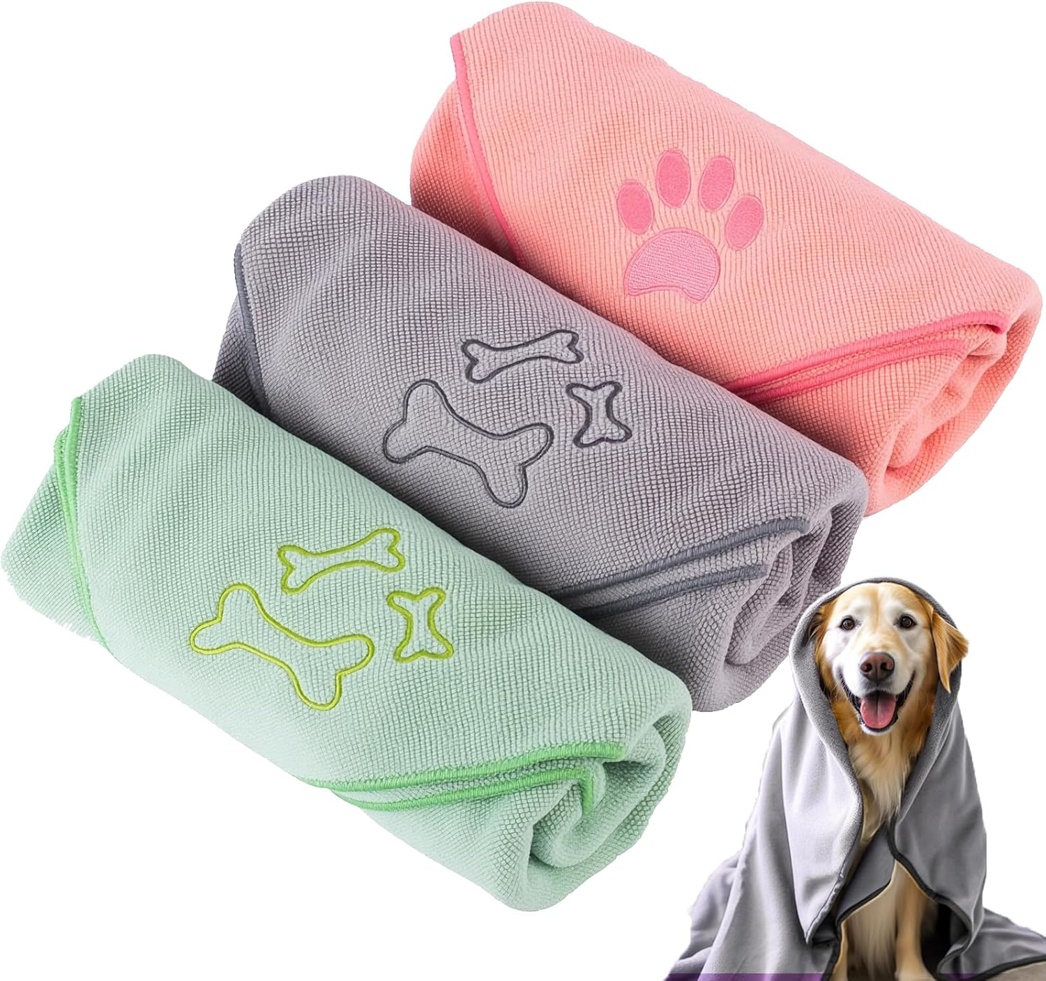Quick Dry Dog Bath Towel Set of 3 Soft Absorbent Microfiber Pet Towels for Cats and Dogs Pink Grey Green Gentle Drying for Home and Outdoor Use image number 3