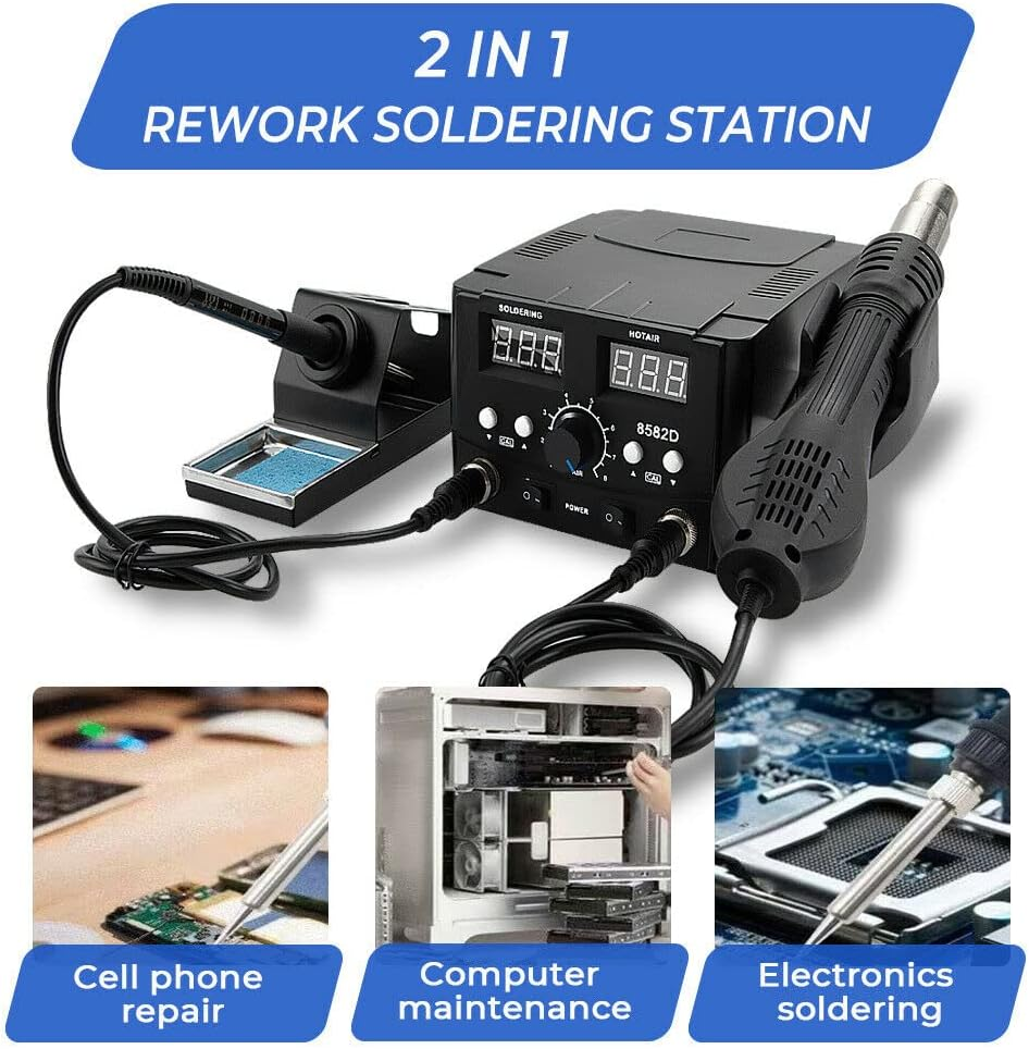 Yarra Supply 2 in 1 Soldering Station Digital Soldering Iron Station Iron Rework Dual LCD Display Hot Air Gun with Tweezers, Welding Tips, Air Nozzles image number 4