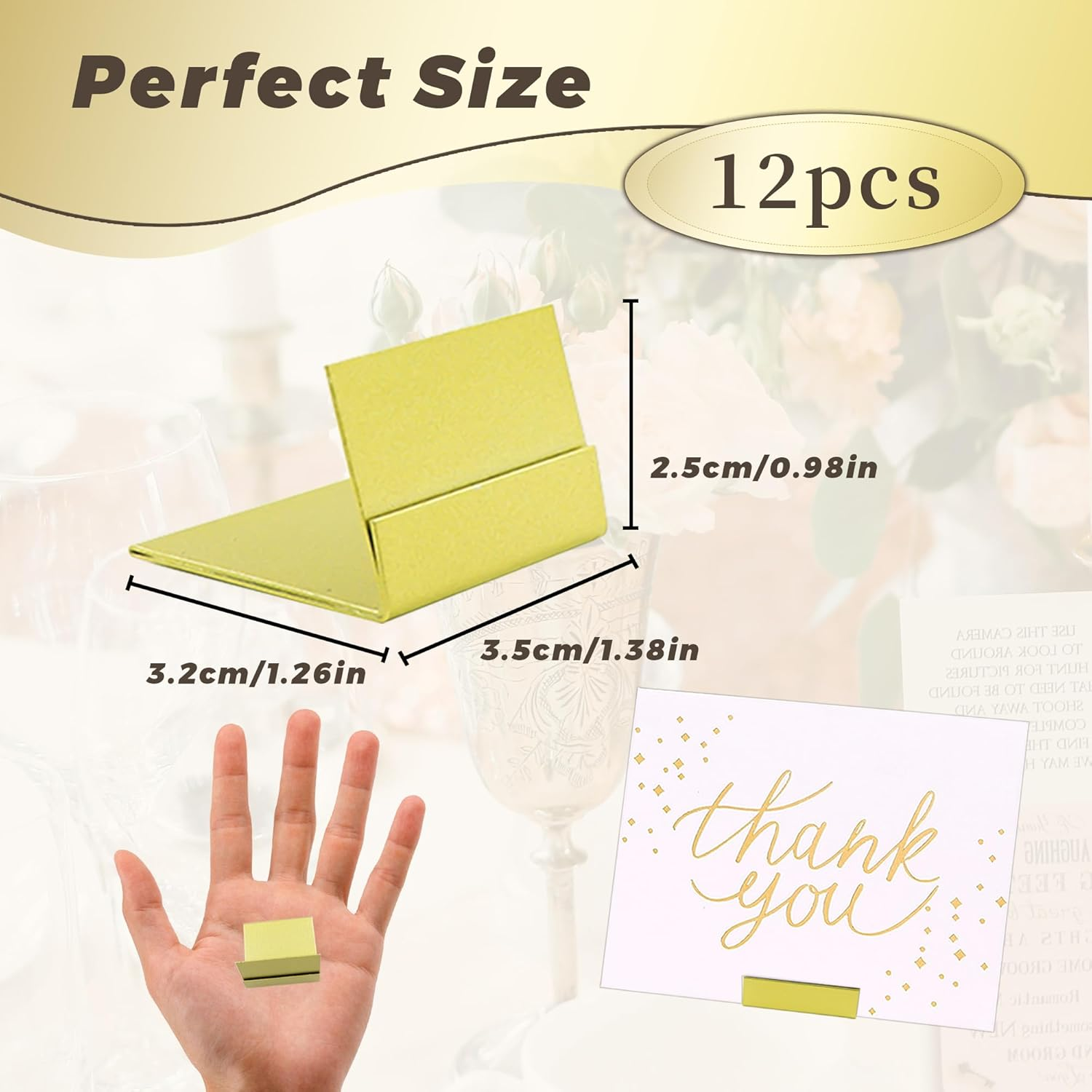 ORNAROVI 12 PCS Gold Table Card Holders, Metal Table Number Stands, L-Shaped Placecard Holders for Table Price Tags Food Signs, Vintage Number Holder for Wedding Reception (Gold) image number 2