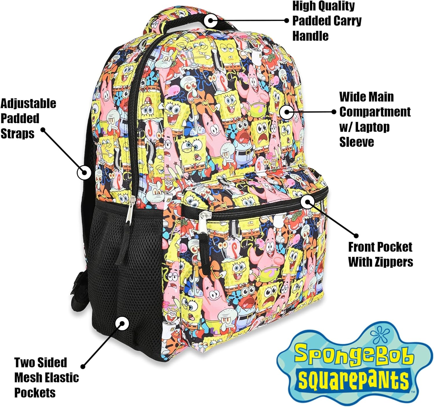 Nickelodeon Spongebob Backpack for Kids - Officially Licensed Spongebob Squarepants, Mr. Krabs, Squidward, Plankton Bookbag for Boys and Girls Kids and Adults - Laptop and Lunchbox Compartment, Black image number 4
