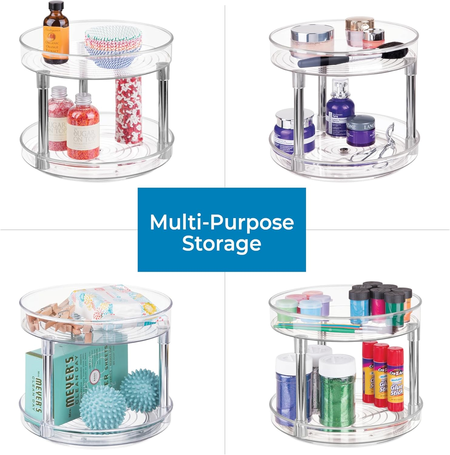 Idesign Rotatable Spice Rack with 2 Tiers, Small Plastic Kitchen Cupboard Storage for Spices and Condiments, Rotating Spice Jars Holder for Kitchen and Pantry, Clear