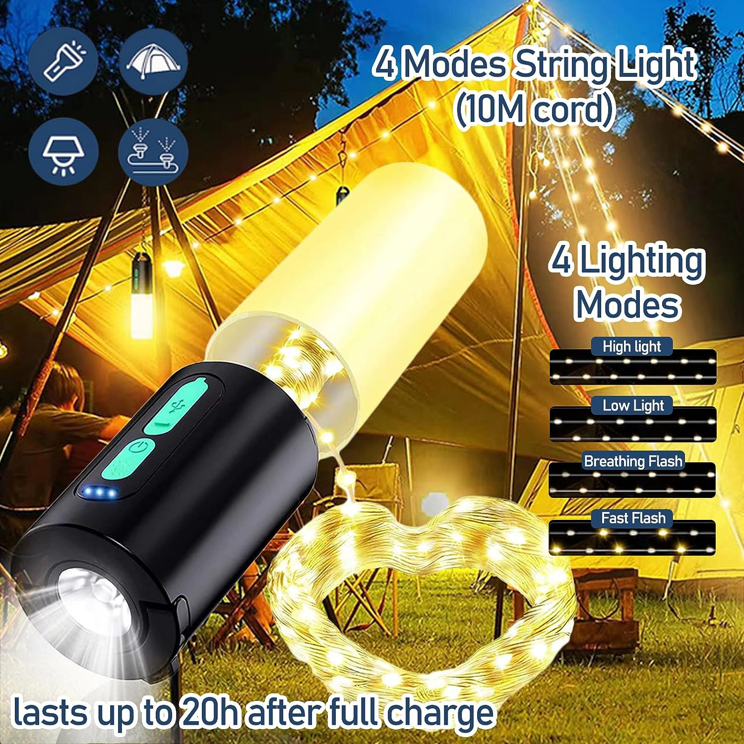 Uandhome Camping String Lights, 10M String Light with Camping Lanterns，Portable Rechargeable Flashlights with 4000Mah, Waterproof Camping Lights for Emergency,Camping,Hiking image number 4