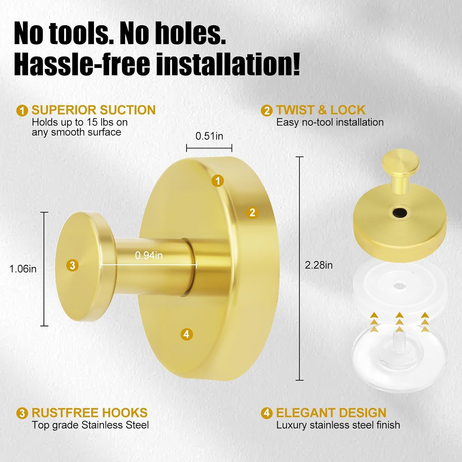 4Pcs Strong Suction Cup Hooks for Shower, No Drill Towel Hooks for Bathrooms, Bathroom Hooks, Suction Hooks,Towel Holder for Bathroom Wall, Kitchen, Glass, Mirror (Gold, 4 Pcs) image number 3