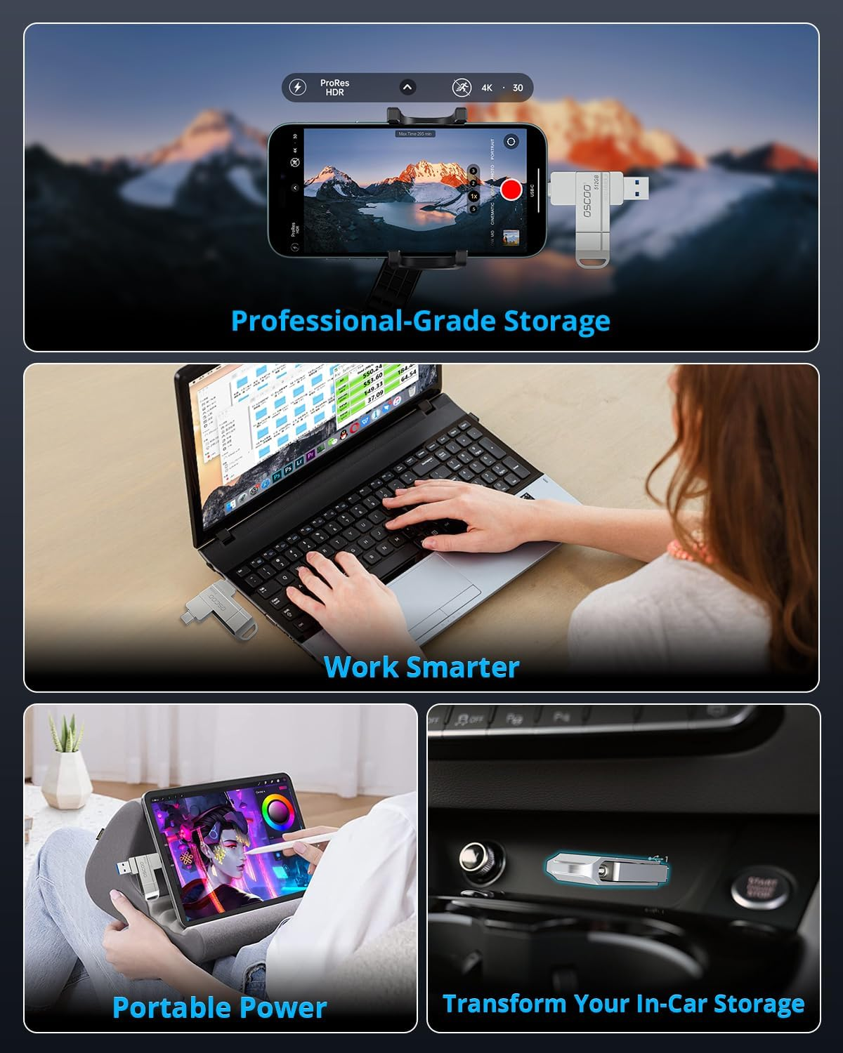 OSCOO 512GB USB Flash Drive &ndash; USB 3.2 Gen1 High-Speed Thumb Drive, up to 550Mb/S, Dual USB-C & USB-A Ports, Compatible with USB-C Smartphones, Android, PC, Laptop &ndash; Portable Photo & Video Backup Stick