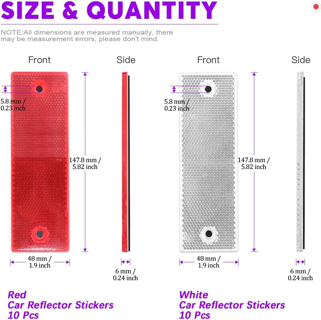 Swpeet 20Pcs Universal Red + White Plastic Rectangular Stick-On Car Reflector Sticker, Door Reflectors Interior Red + White Compatible Warning Plate Adhesive Reflector for Most Car image number 2