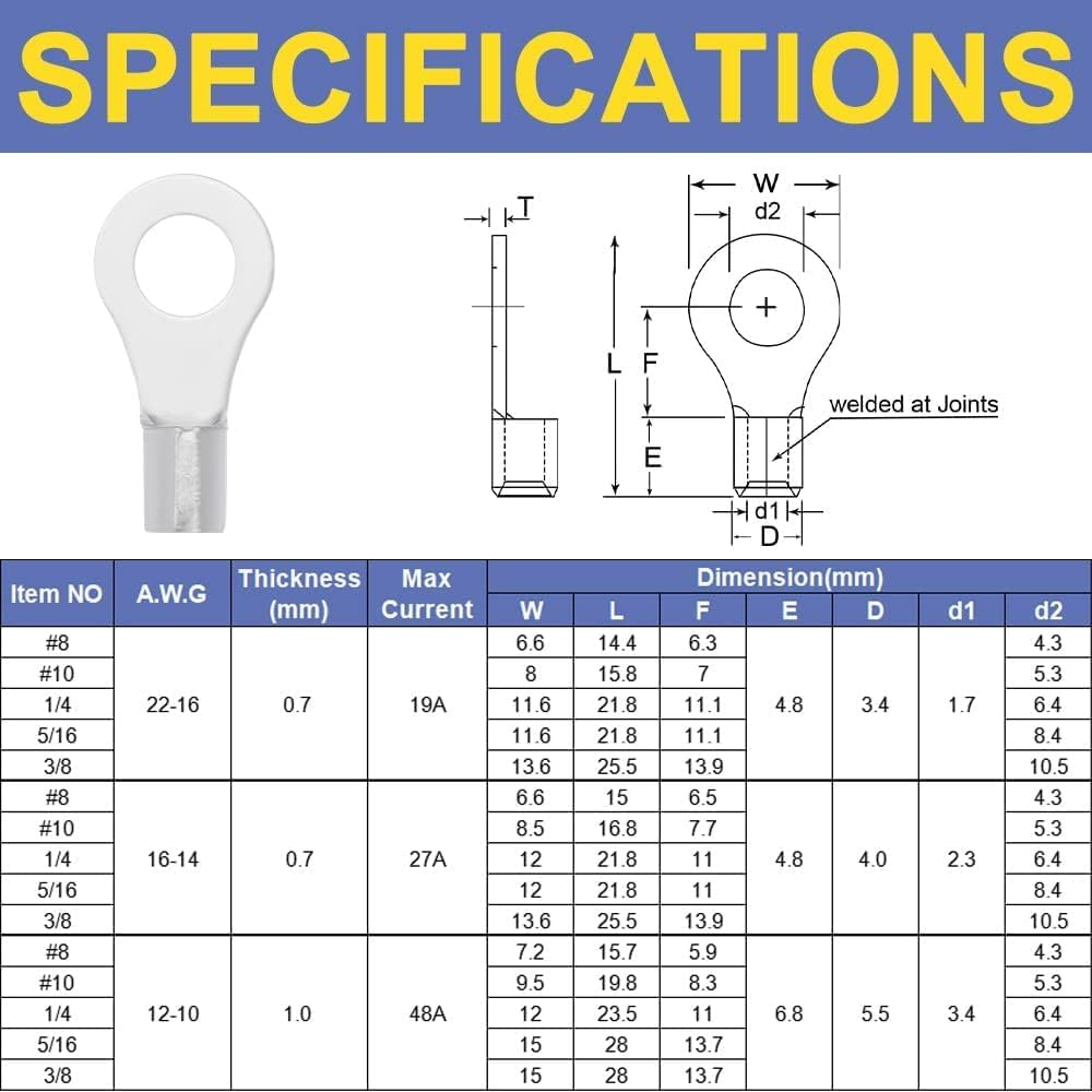 330PCS Uninsulated Wire Connector Kit,Tinned Red Copper Brazing Seam Fork Ring Terminal,Awg 22-10 Wire Crimp Connector,Insulated Copper Connector,Tinned Uninsulated Copper Ring Fork Terminal image number 4