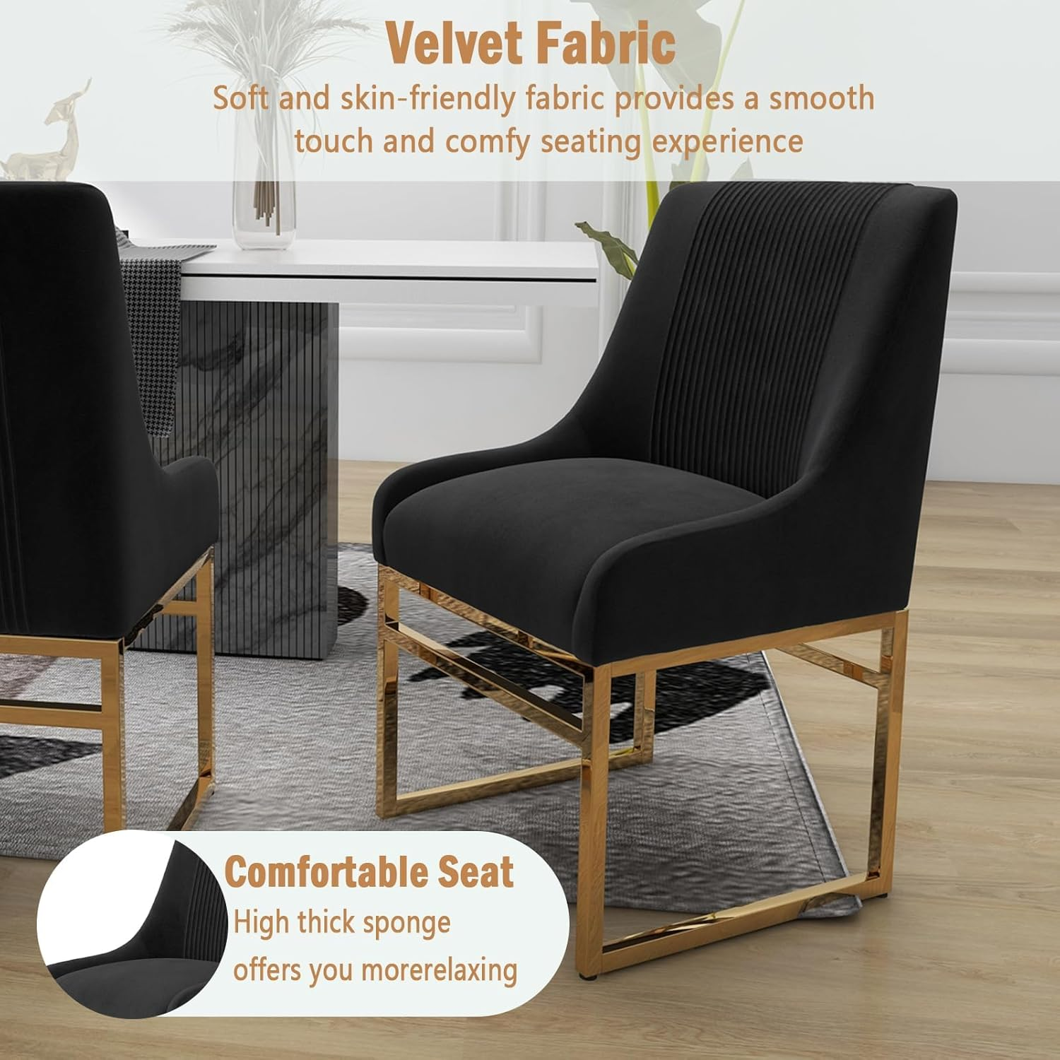 Kitchen & Dining Room Chairs Set of 2, Mid Century Modern Velvet Upholstered Dining Chairs with Gold Metal Frame Legs, Tufted Accent Chair for Reception Room Living Room Study Room(Black) - Beige image number 2