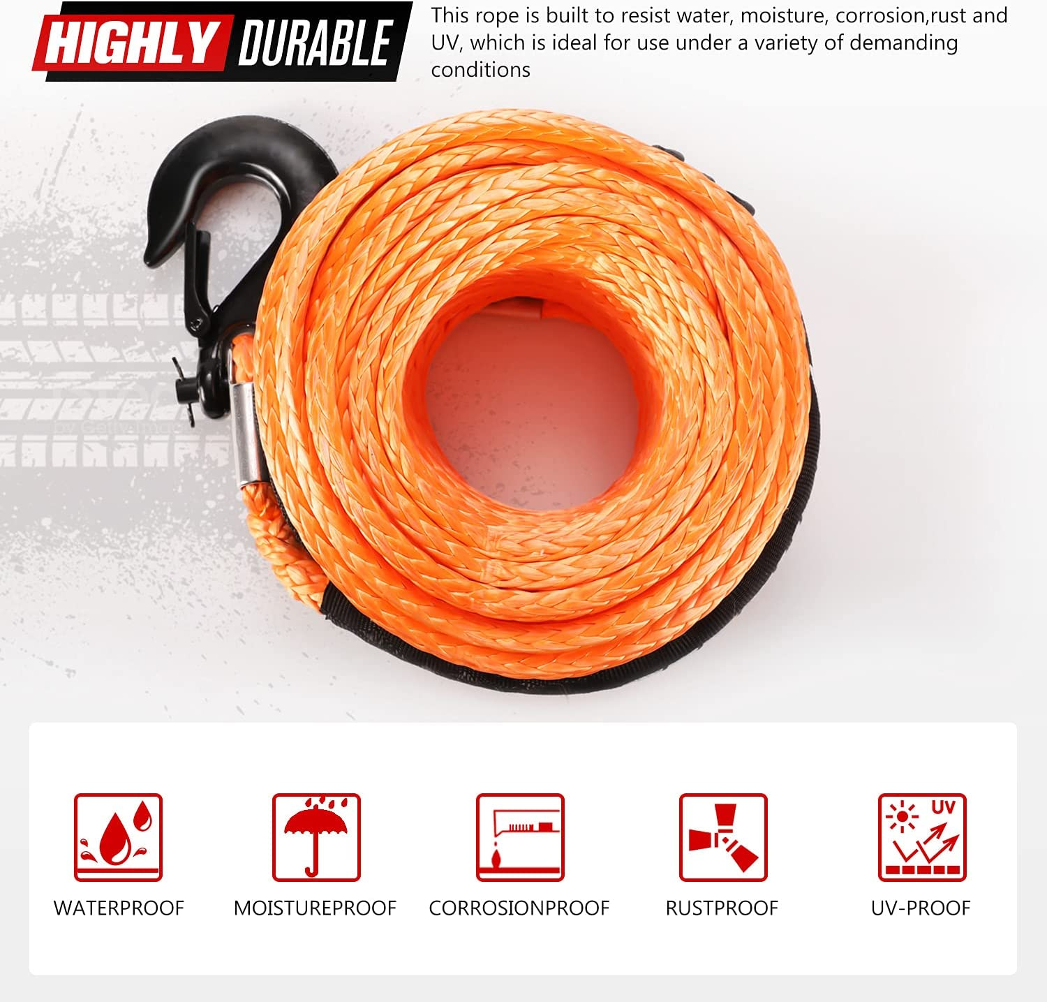 Fieryred Synthetic Winch Rope 30M, 23,809LBS/10,800KG Load Capacity, Winch Line Cable 10MM Diameter with Steel Hook UV Resistant Nylon Protect Sleeve for ATV UTV SUV (Orange)