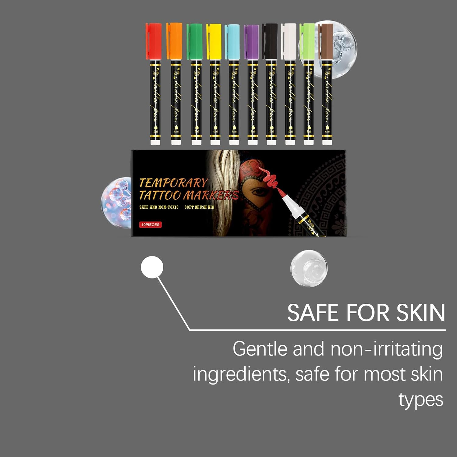 Temporary Tattoo Markers Set, 10-Color, Skin Body Art Pen Kit, Skin Safe, Face Paint Markers, Waterproof, Washable, Long-Lasting, for Halloween, Parties, Cosplay, Bright Colors image number 5