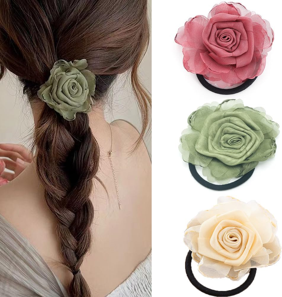 3PCS Handmade Rose Hair Ties Stretchy Floral Hair Bands Elastic Ponytail Holders for Women Girls Soft Scrunchies Hair Accessories 3 Colors