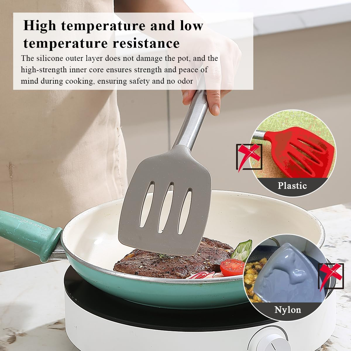 Reanea Spatula and Cooking Tong Set, Silicone Slotted Turner, Kitchen Tong, Heat Resistant Handle Non Slip, with Silicon Tips, Dishwasher Safe image number 1