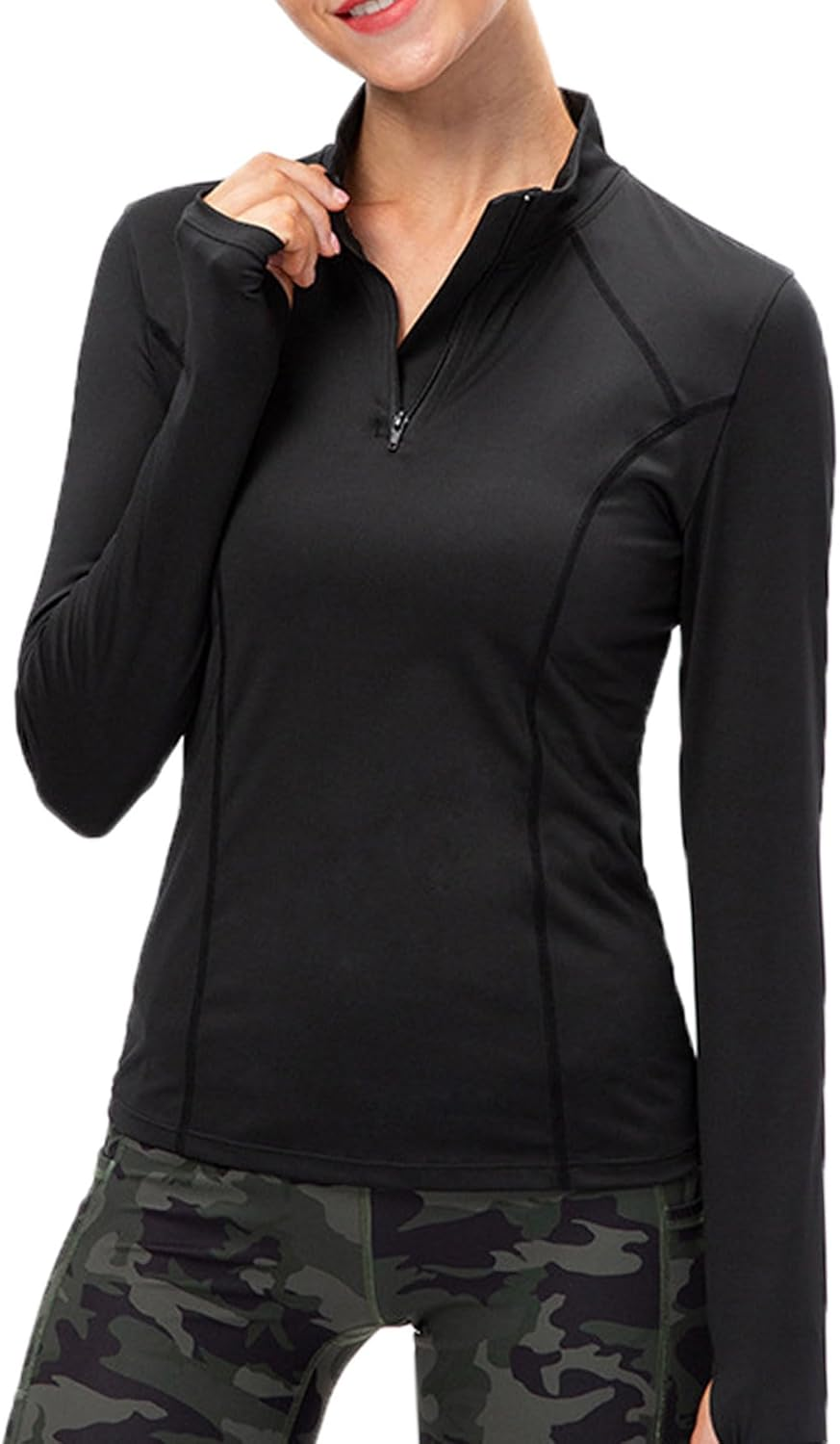 Womens Long Sleeve Running Workout Top 1/4 Zip Pullover Sports Shirts Quick Dry Gym Athletic Shirt with Thumb Hole