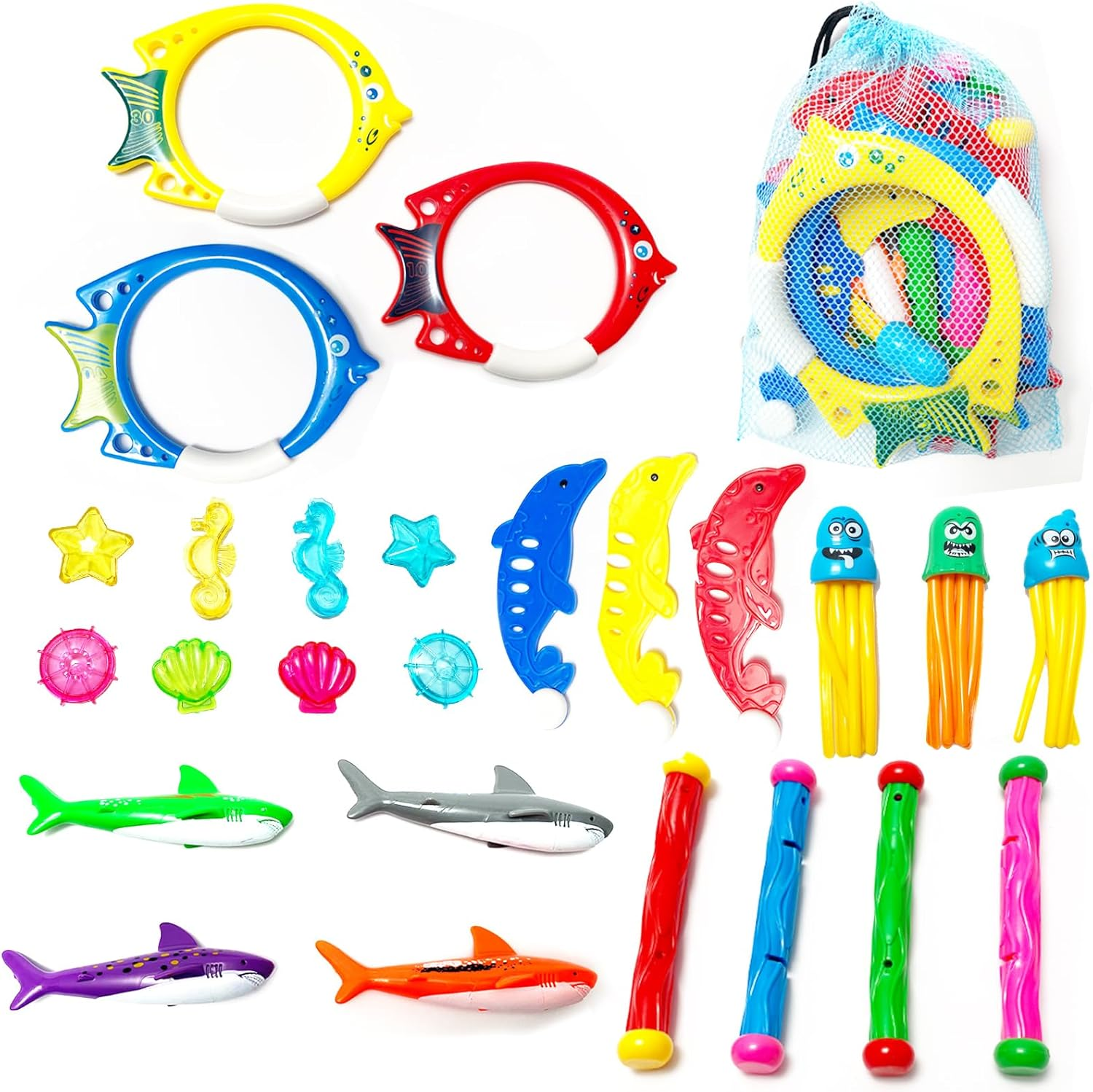 25Pcs Diving Pool Toys Set with Diving Stick Shark Diving Rings Gemstone Dolphin Underwater Swimming Pool Toys for Diving Game Kit with a Storage Net Bag image number 4