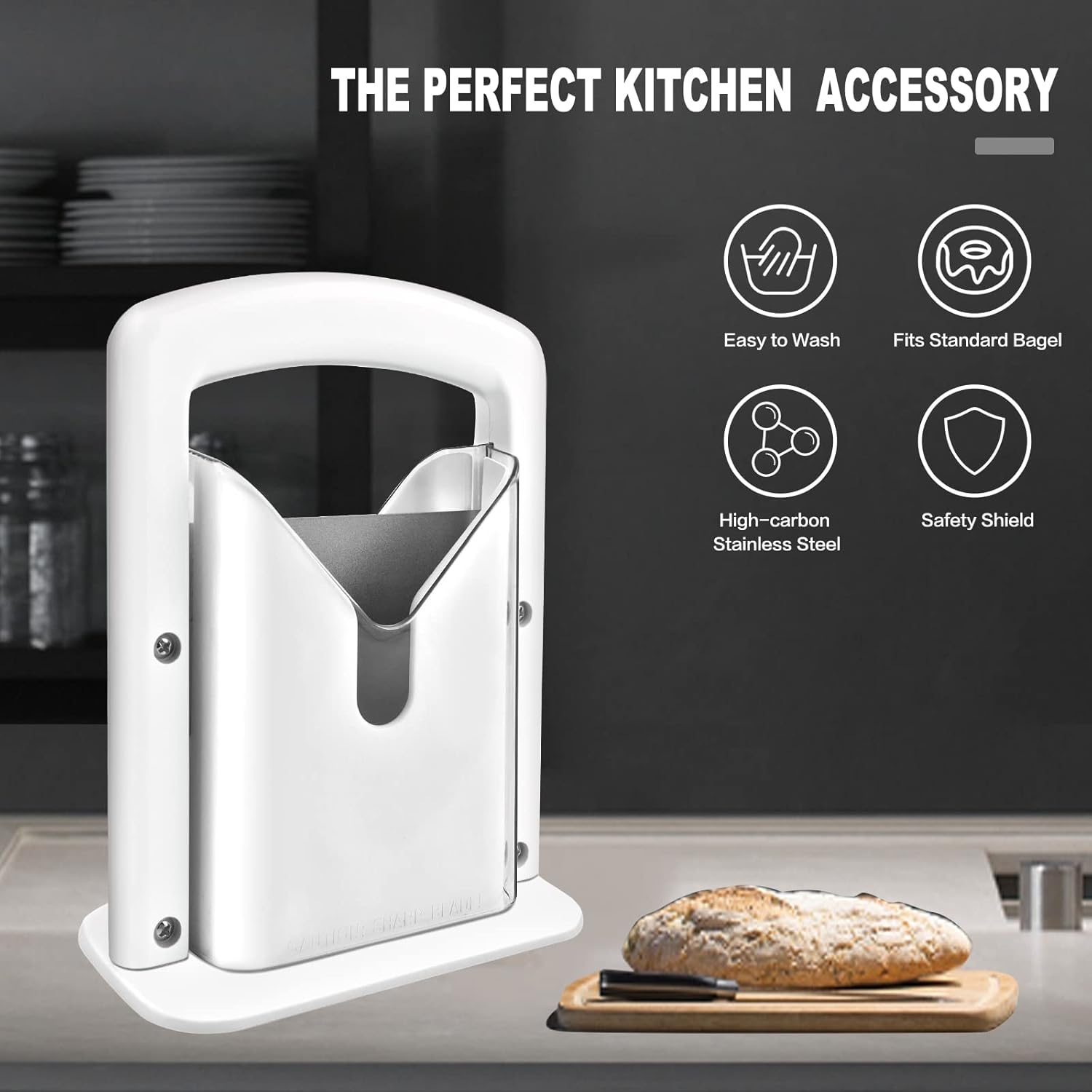 Bagel Slicer,Perfect for Bagels, Safe Grip, Guillotine Cutter, Safety Shield, Stainless Steel (White) image number 3