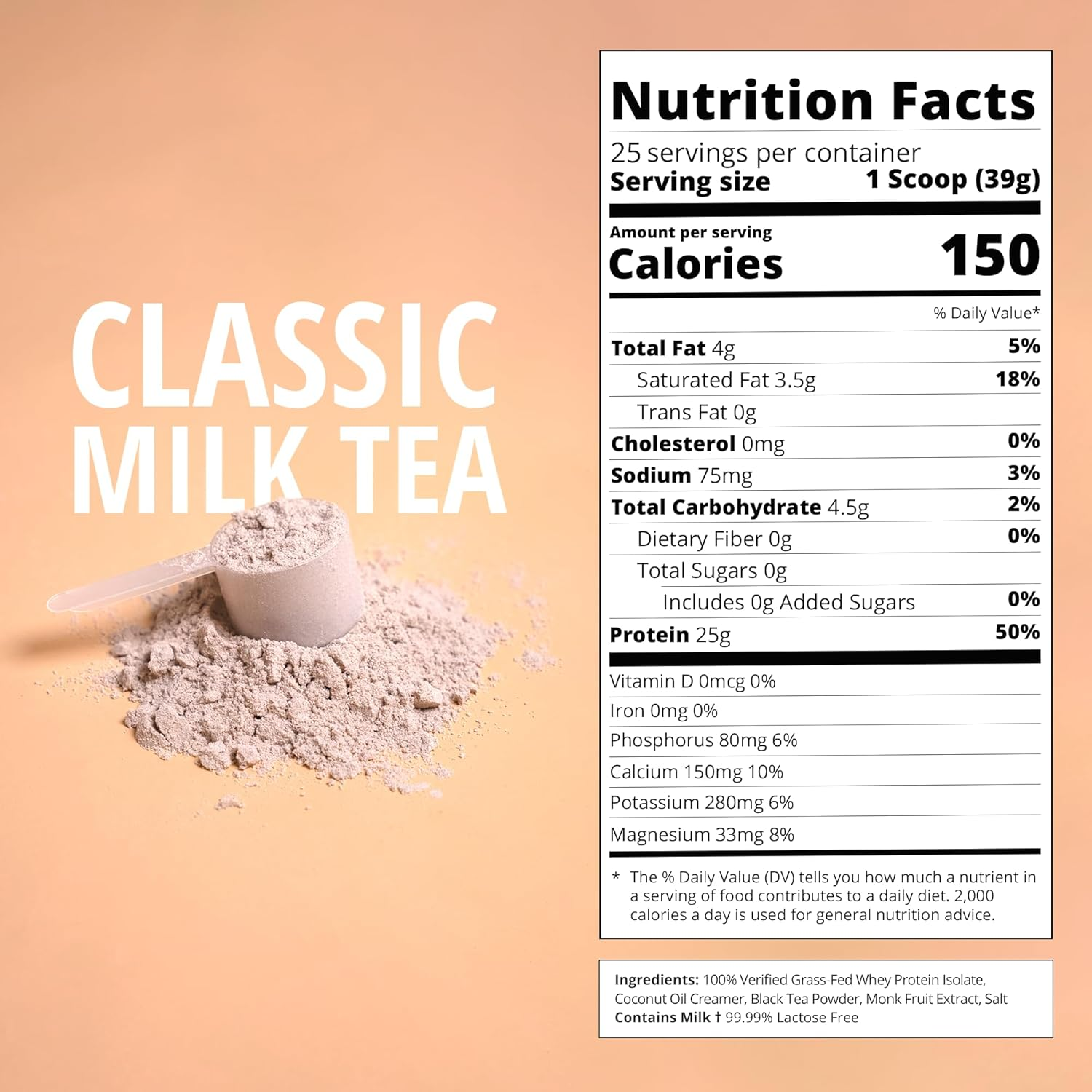 Boba Tea Protein Classic Milk Tea | 25G Grass-Fed Whey Protein Isolate Powder | Gluten-Free & Soy-Free Bubble Tea Protein Drink | Real Ingredients & Lactose-Free Protein Drink | 25 Servings image number 1