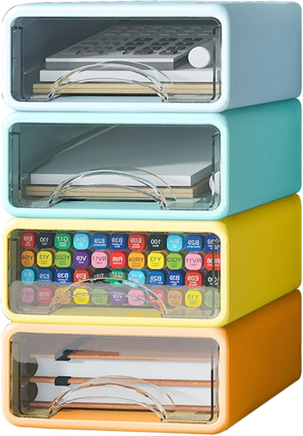 DAWNTREES Stackable Office Storage Box with Drawers｜ Desk Storage Box with 4 Drawers｜Organize Desk Accessories Plastic Desktop Storage Box，Desk Accessories (4S)