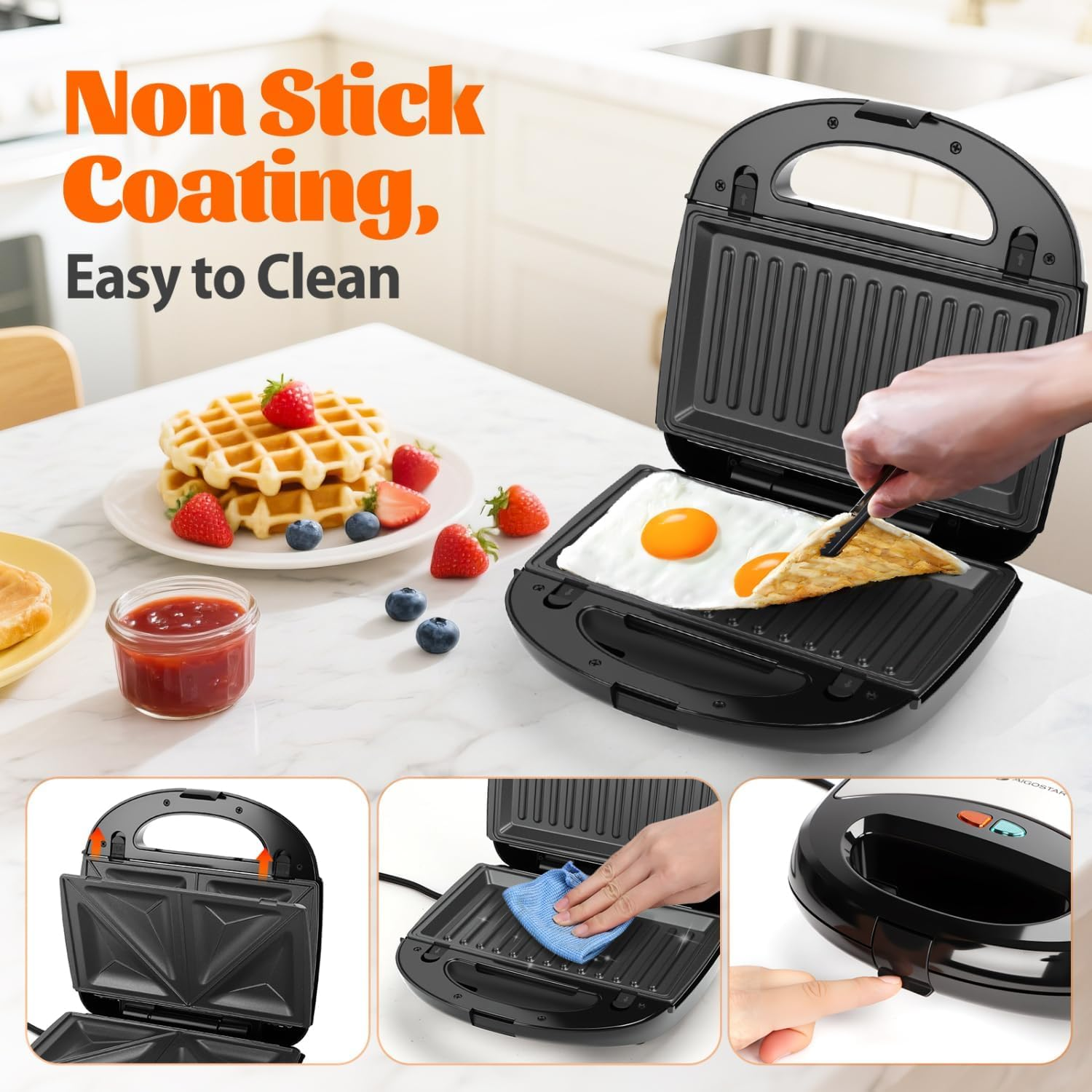 3-In-1 Sandwich Maker with Removable Plates, Non-Stick Waffle Iron & Panini Press for Grilling, Compact Electric Grill with Cool-Touch Handle, LED Lights & Easy Clean image number 5