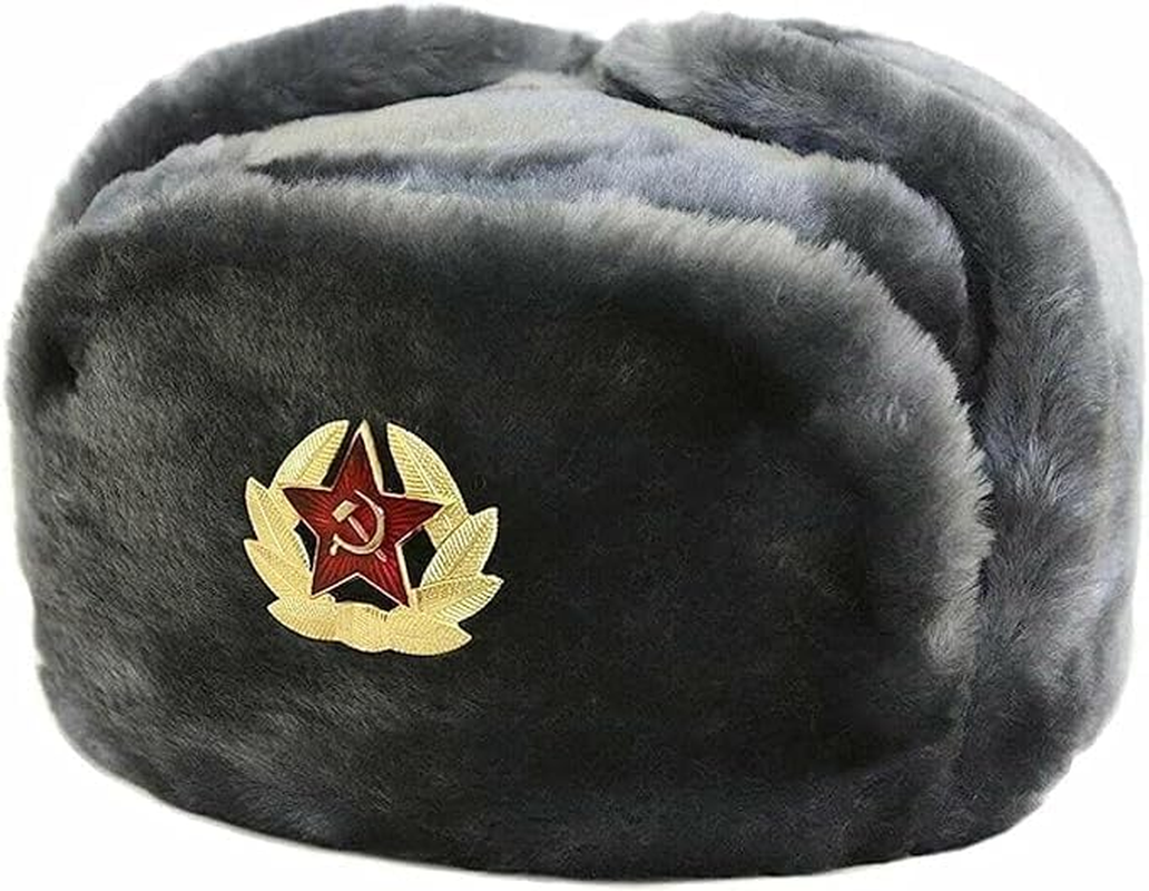 Mens Russian Trapper Hat Winter Warm Hat Cap with Soviet Badge Unisex Faux Fur Ushanka Flaps Hat Soviet Style Unisex Winter Hat