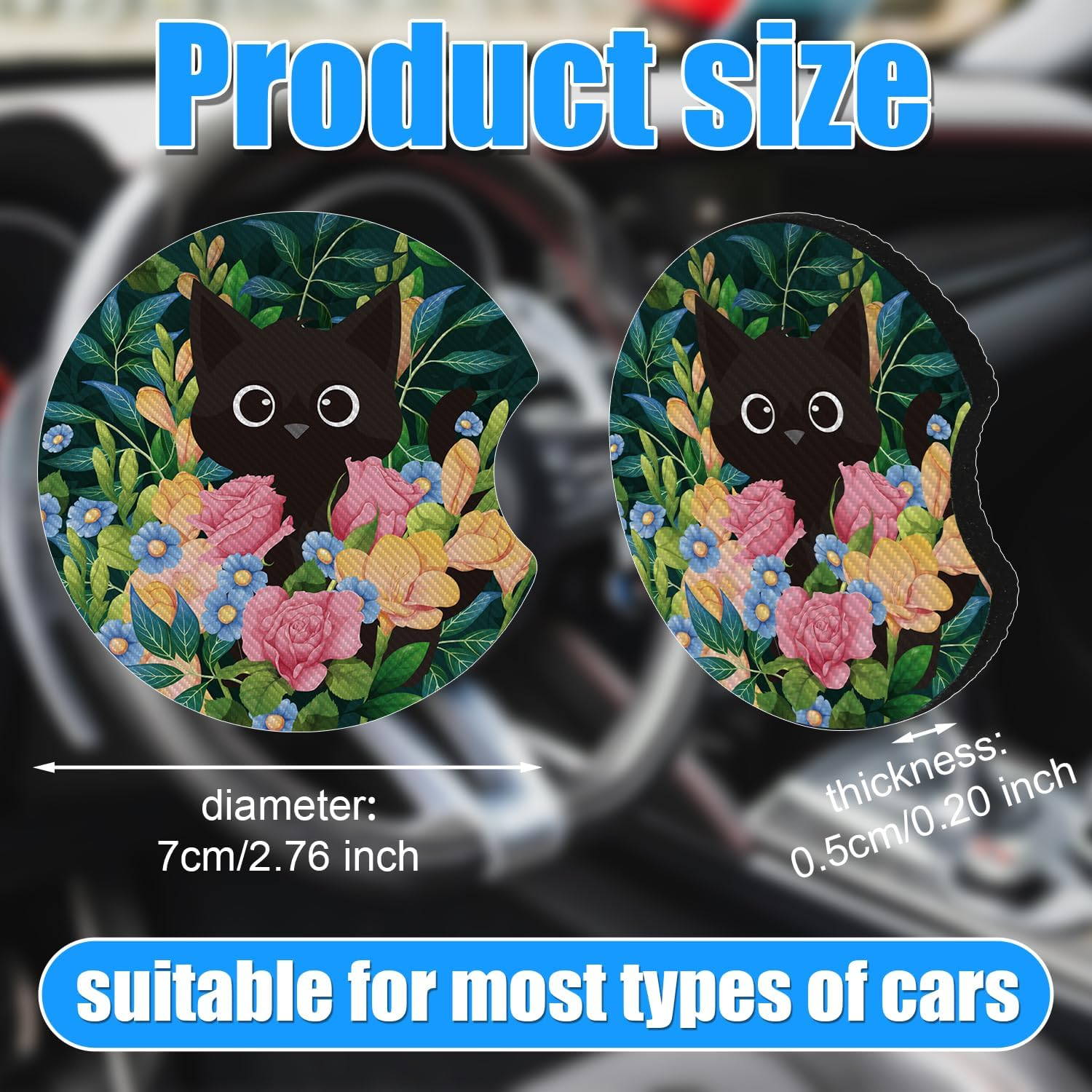 4Pcs Car Coasters for Cup Holders, Cup Mats for Car Cupholder Insert Coasters with Finger Notches Rubber Anti-Skid Universal Vehicle Coasters Car Accessories for Car Automotive Cupholders Decor（Cat） image number 3