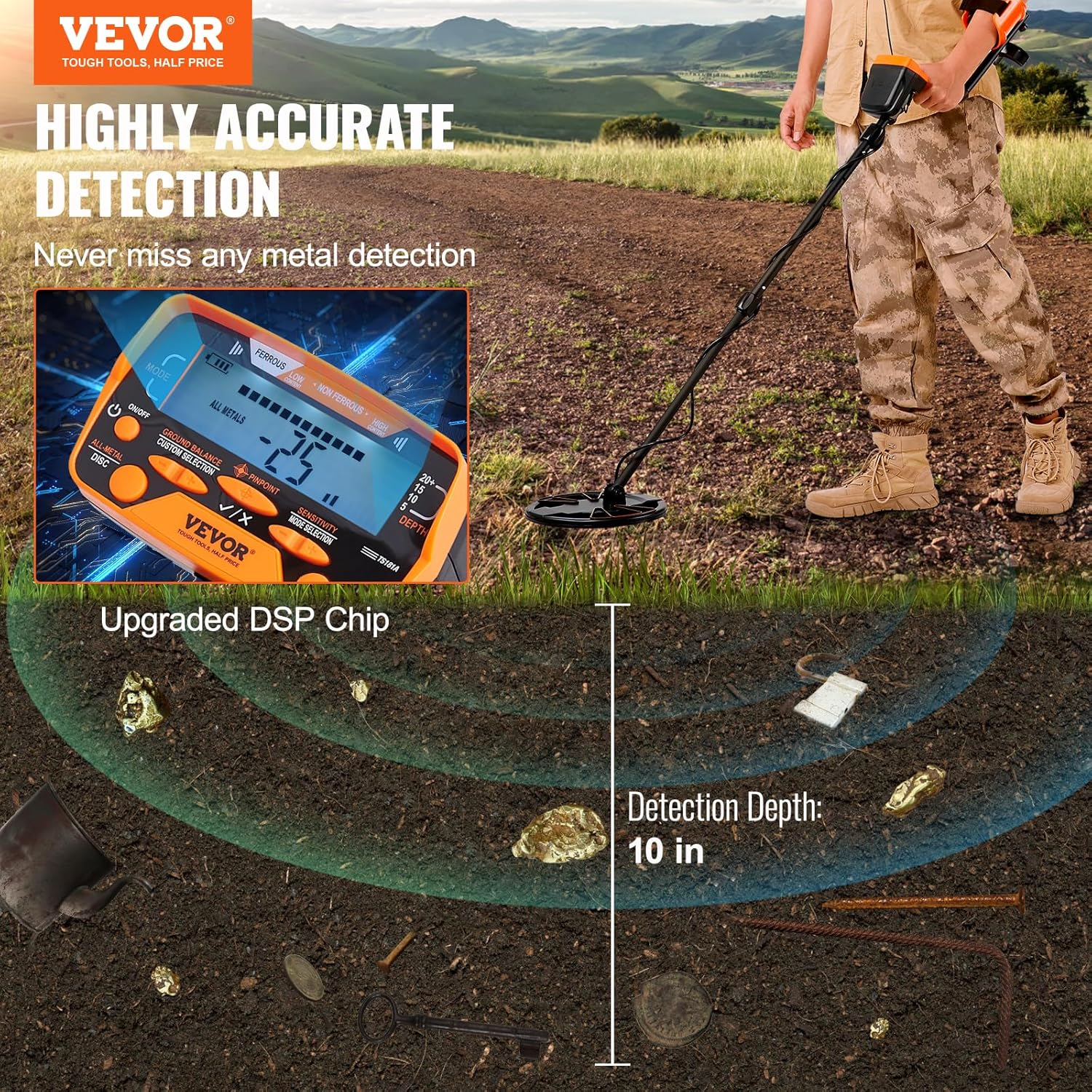 VEVOR Metal Detector for Adults&Kids, 250Mm, Professional Adjustable Higher Accuracy Gold Detector, IP68 Waterproof Coil with LCD Display 7 Modes Advanced DSP Chip, for Detecting Gold Treasure Hunting image number 5