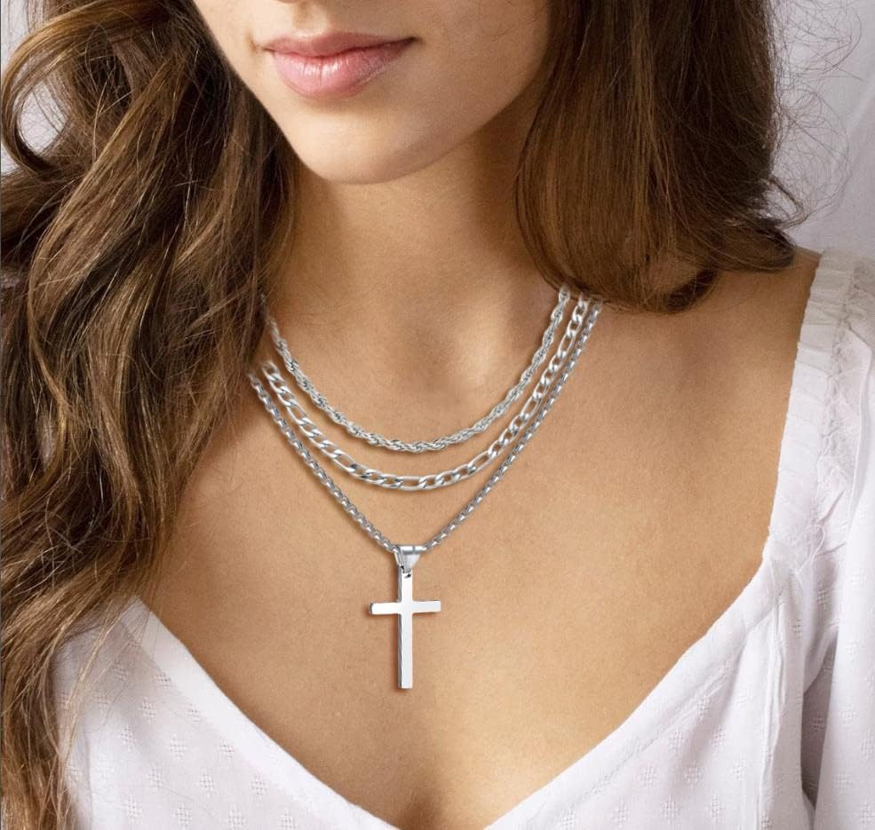 3Pcs Set Cross Necklace for Men, Mens Cross Necklace Cross Chain Layered Stainless Steel Rope Figaro Chains for Women Boys Gold Silver Black (20Inch/22Inch) image number 4